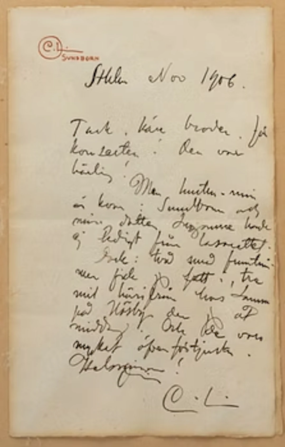Carl Larsson, Handwritten letter of thanks, 1906.
