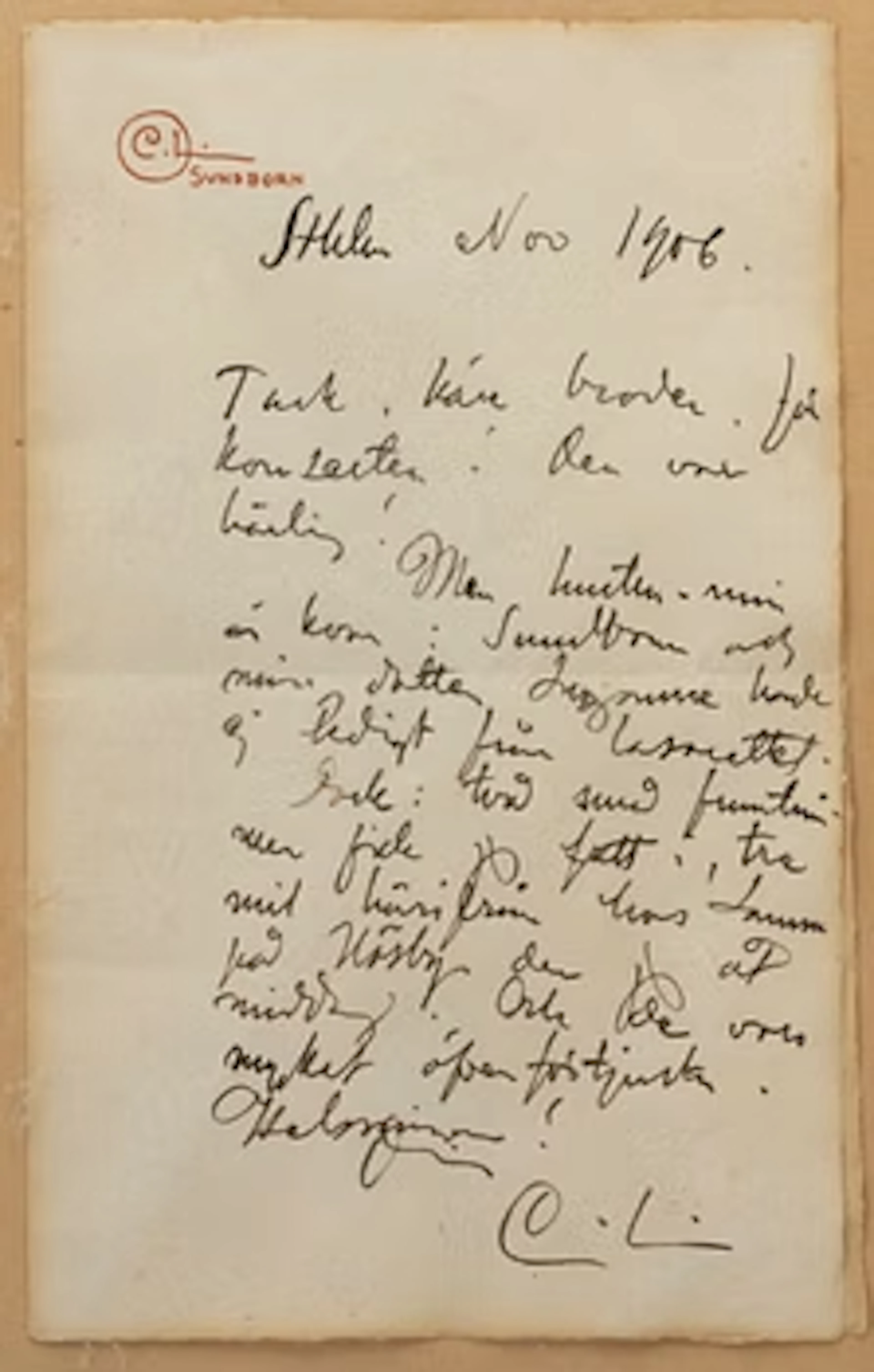 Carl Larsson, Handwritten letter of thanks, 1906.