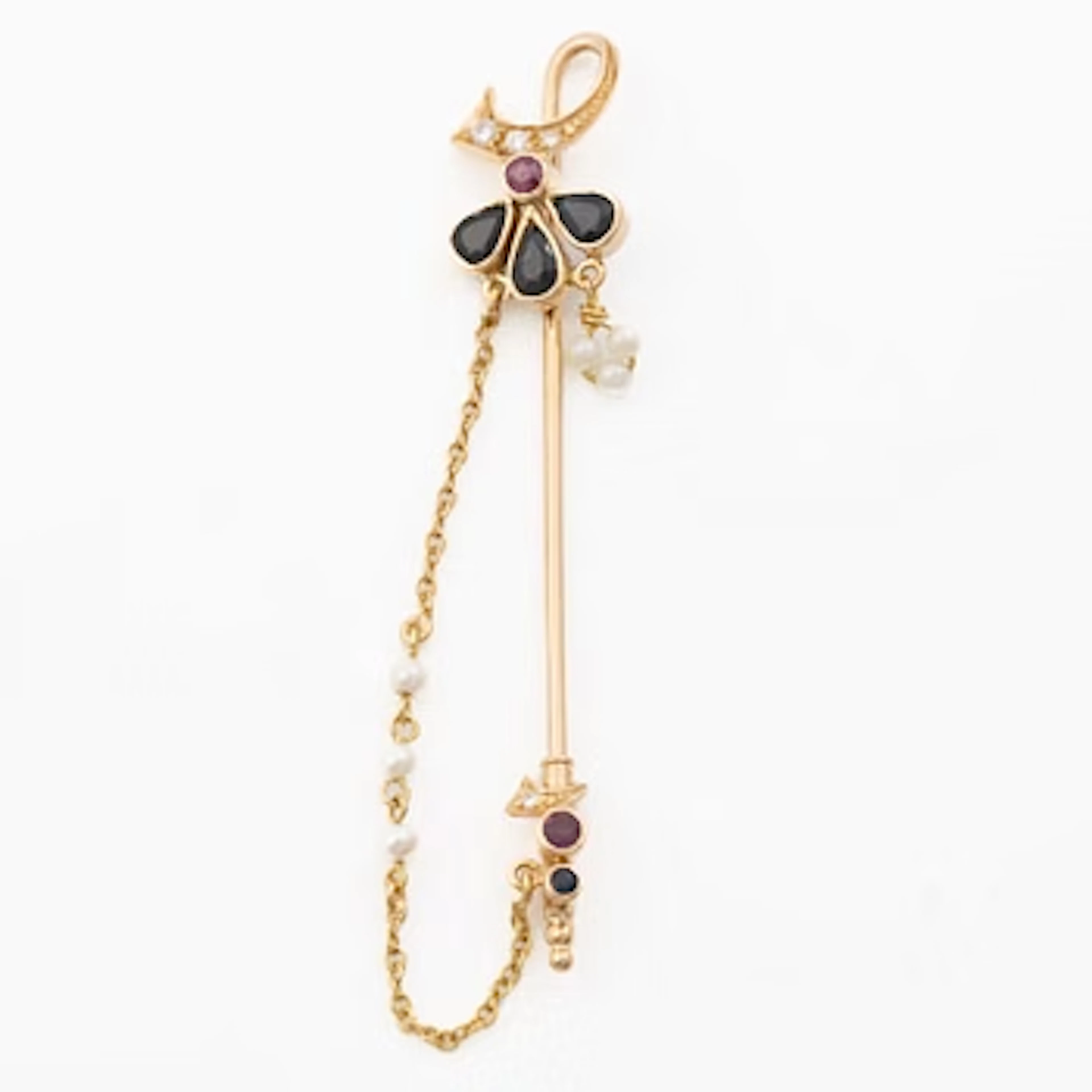 Lapel pin, 18K gold with brilliant-cut diamonds, sapphires, a ruby and pearls.