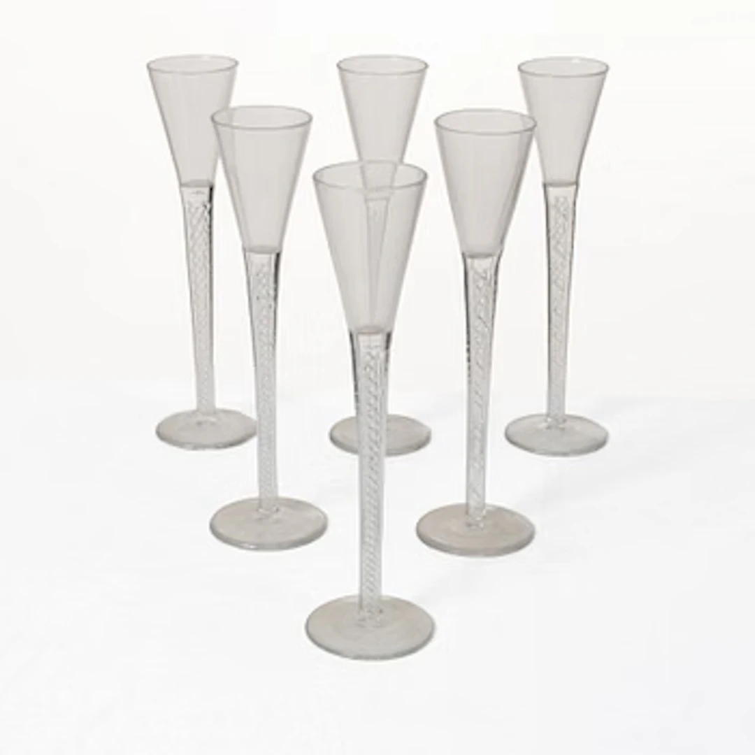A set of six glasses with spiral stems, around 1900.