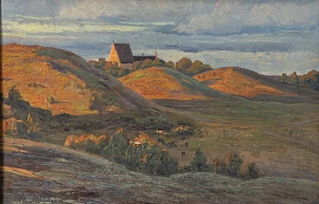 Charlotte Wahlström, View of Gamla Uppsala Church and the Uppsala mounds.