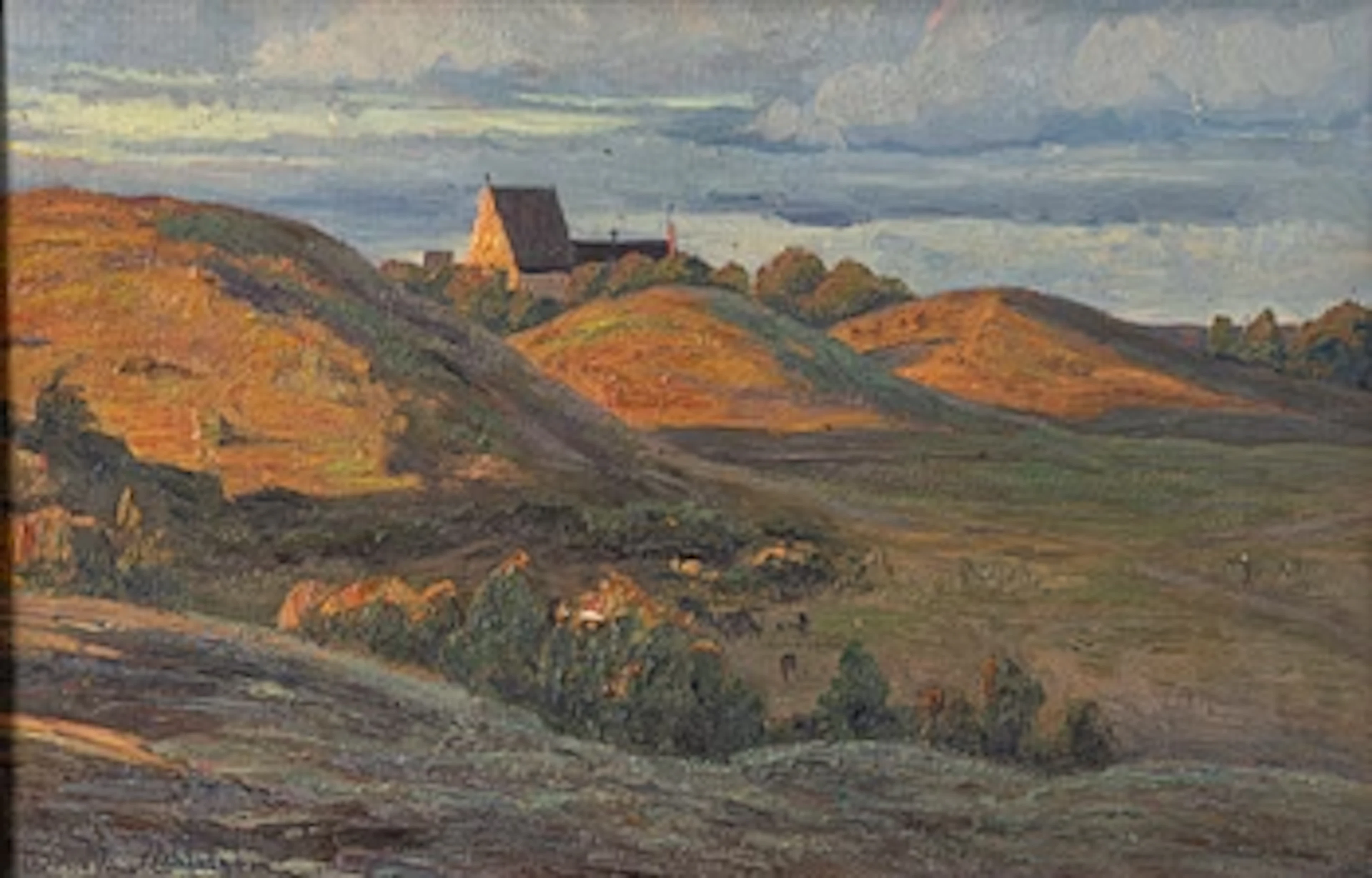Charlotte Wahlström, View of Gamla Uppsala Church and the Uppsala mounds.