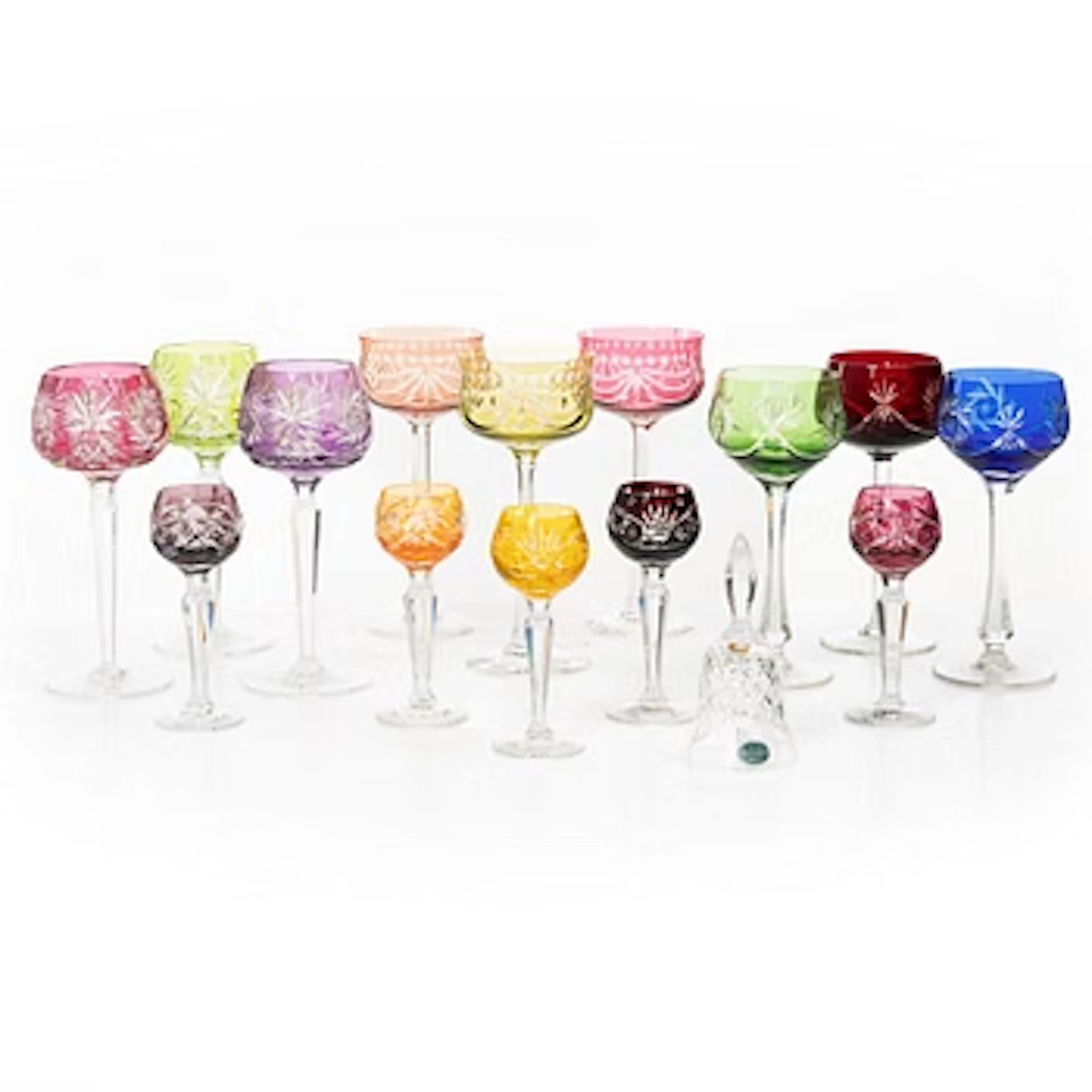 Wine glasses, 14 pieces, Bohemian style, 20th century.