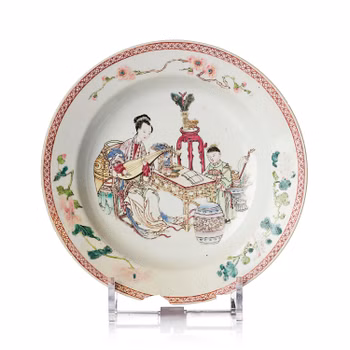 A famille rose ruby-back 'mother and child' plate, Qing dynasty, Yongzheng