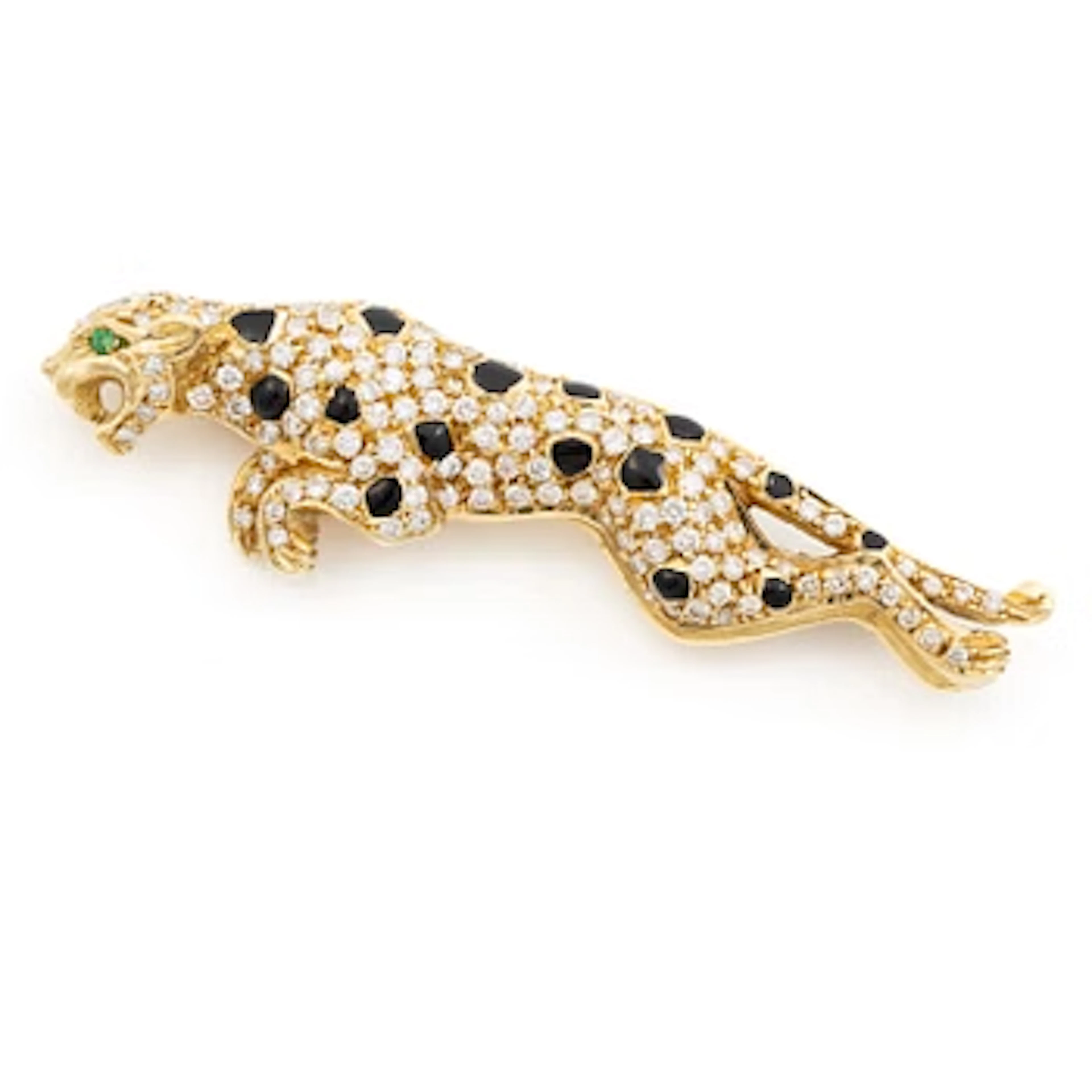 Panther brooch, 18K gold with brilliant-cut diamonds and enamel.