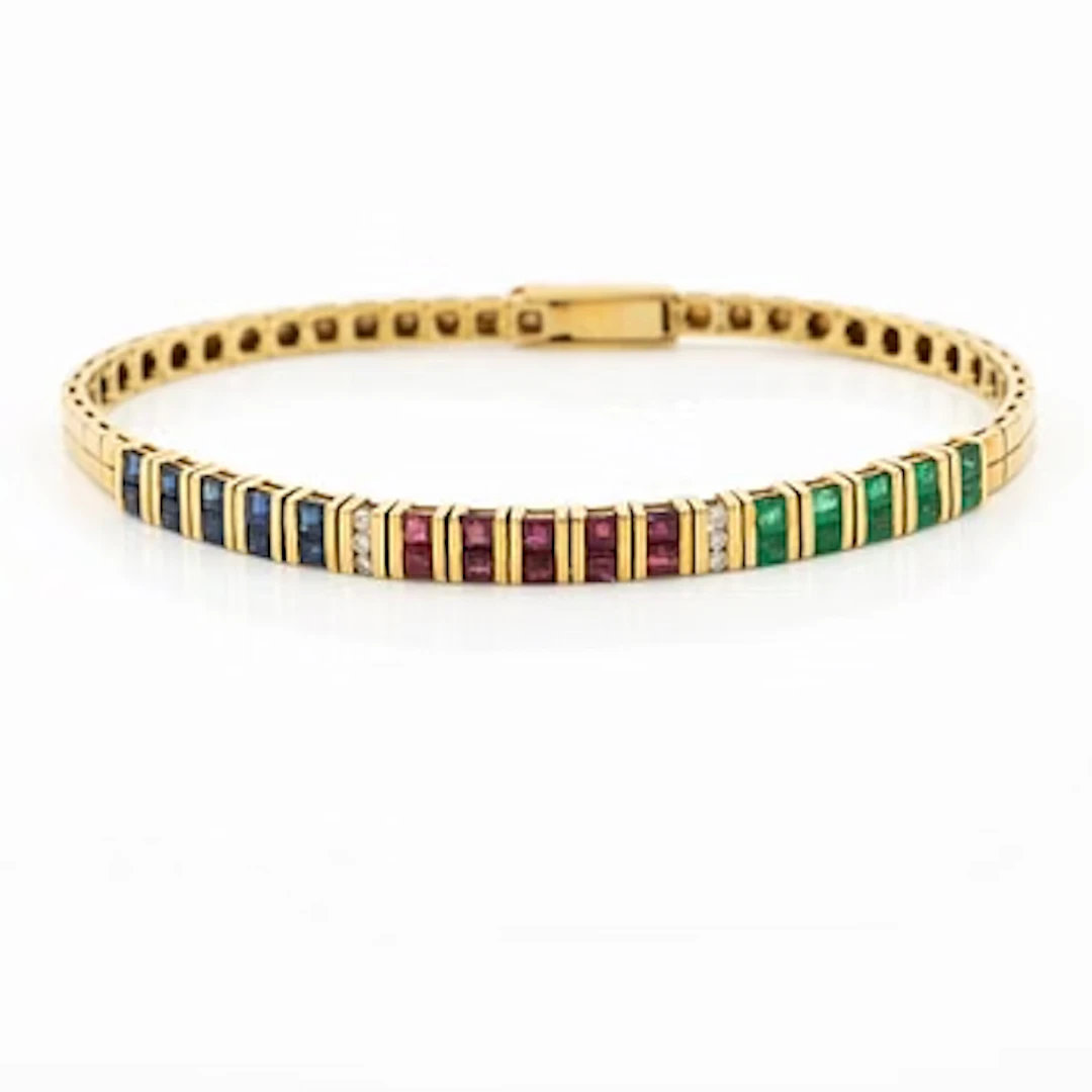 Bracelet, 18K gold with brilliant-cut diamonds, carré-cut rubies