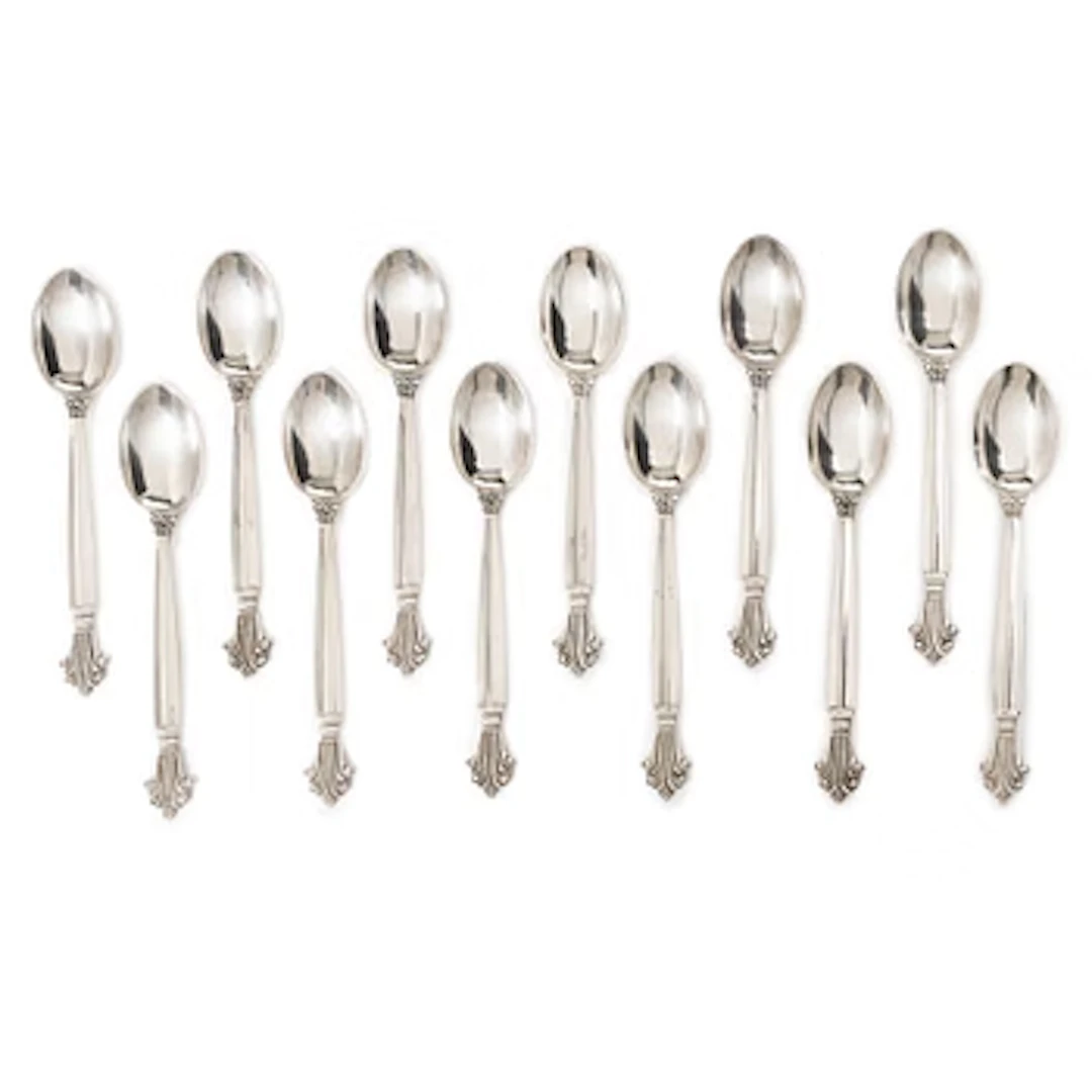 Johan Rohde, A set of sterling silver mocha spoons, "Dronning/Acanthus"