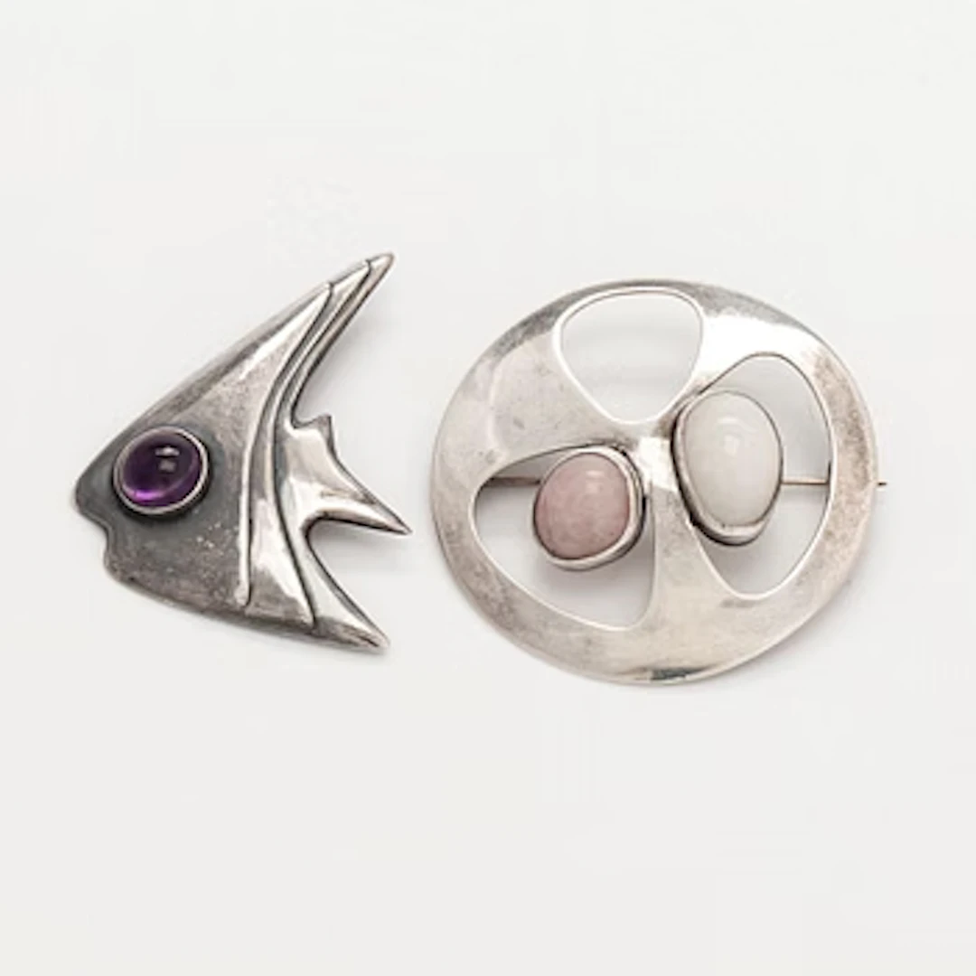 Two brooches, quartz, silver, Tillander, Helsinki, 1957 and 1963.
