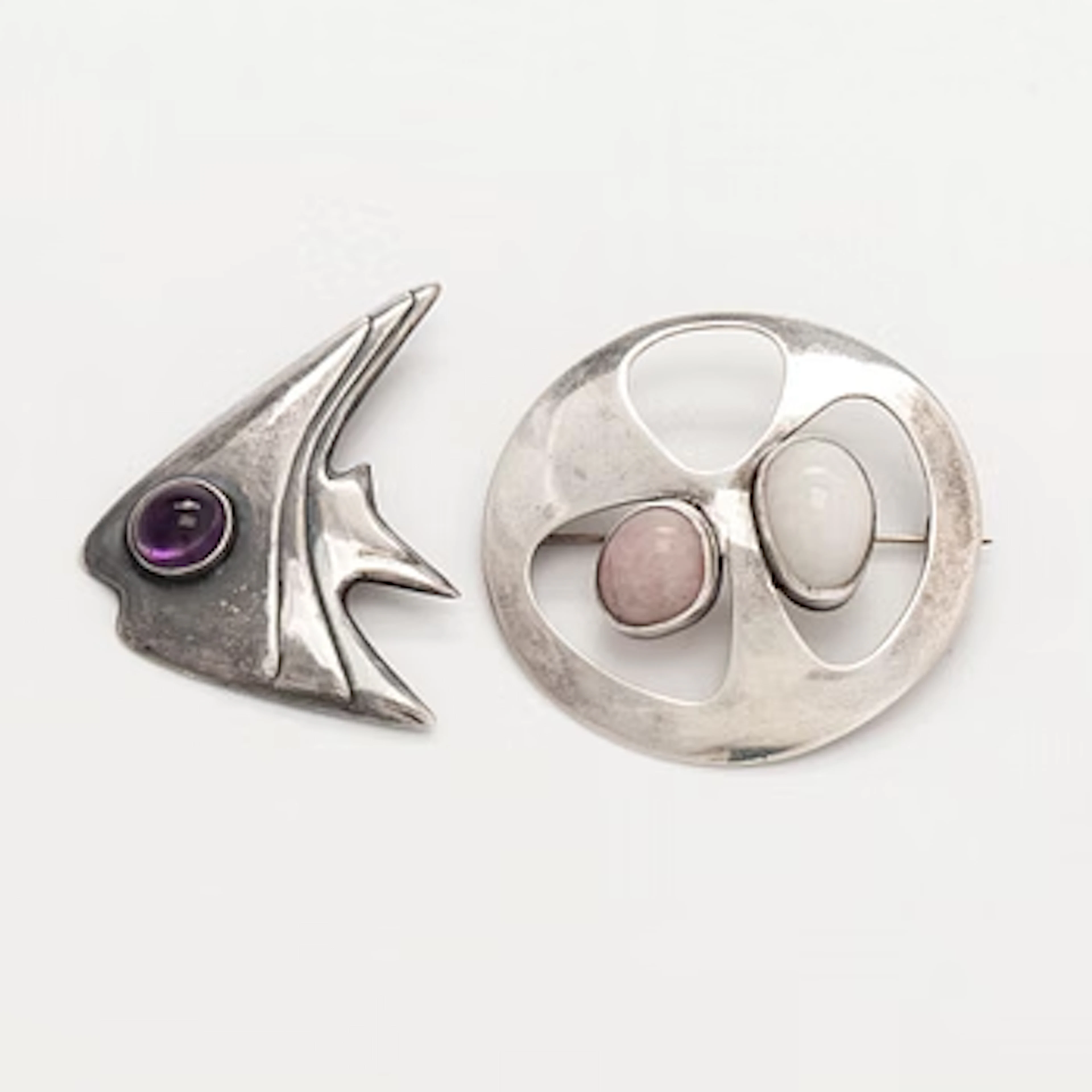 Two brooches, quartz, silver, Tillander, Helsinki, 1957 and 1963.