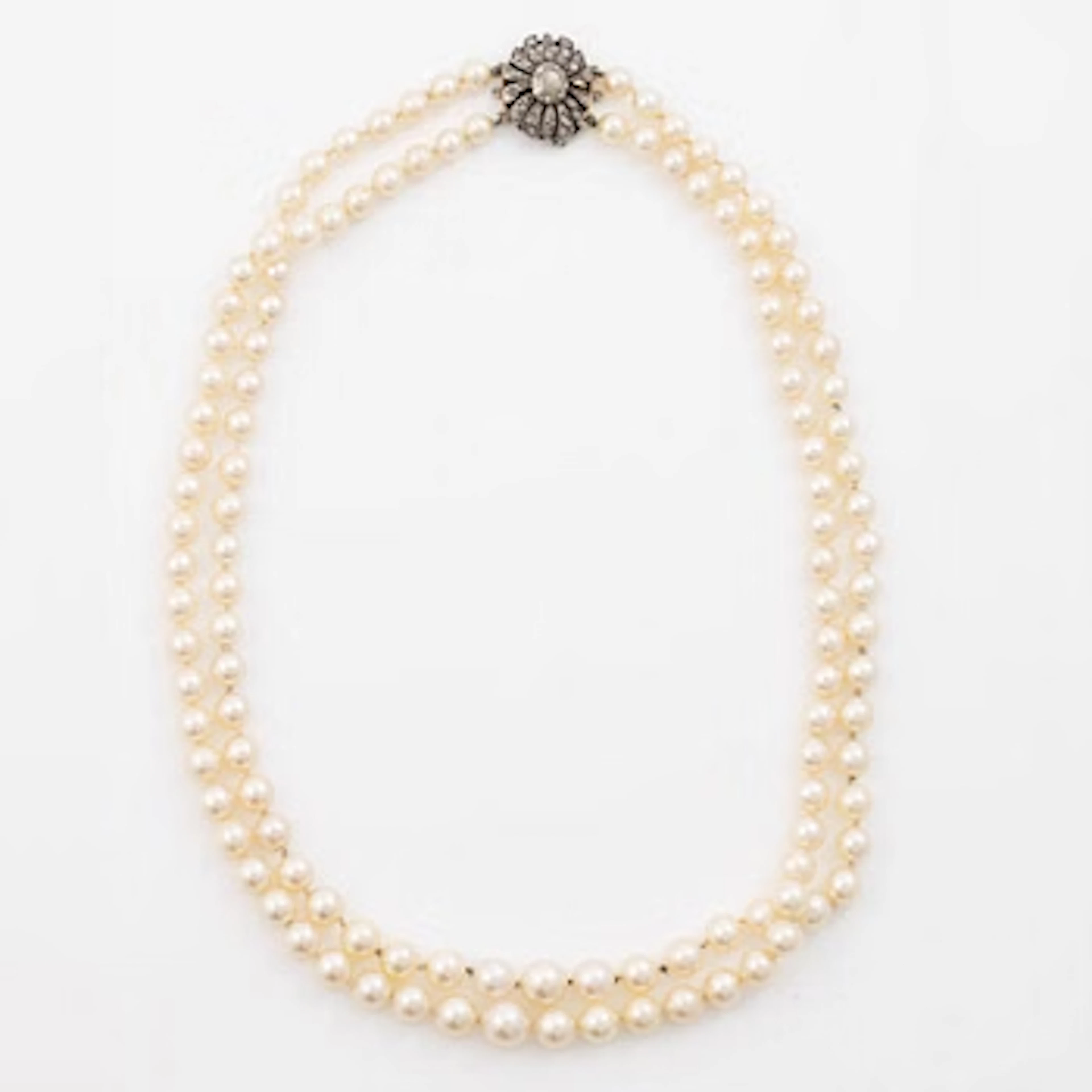 Two-row cultured pearl necklace with a silver and 18K gold clasp set