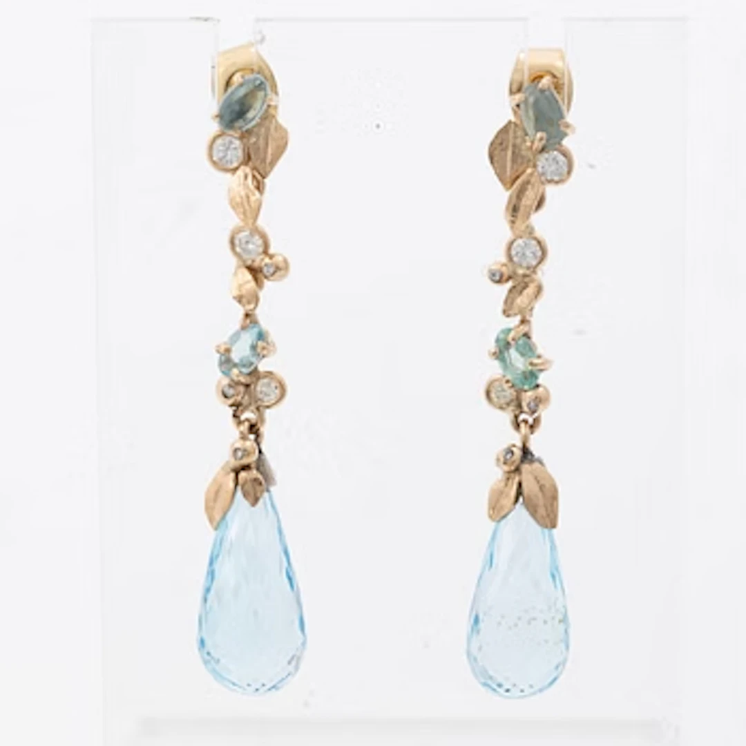 Earrings, Mandelstam, 18K gold with briolette-cut topazes, apatite