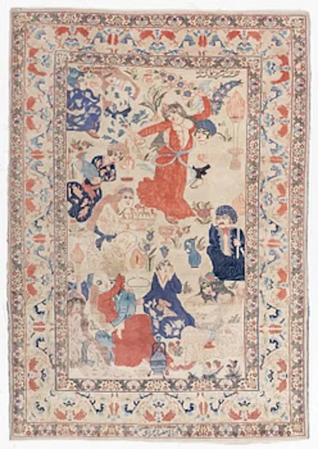 A Tabriz, figural rug, signed, c. 171 x 118 cm.