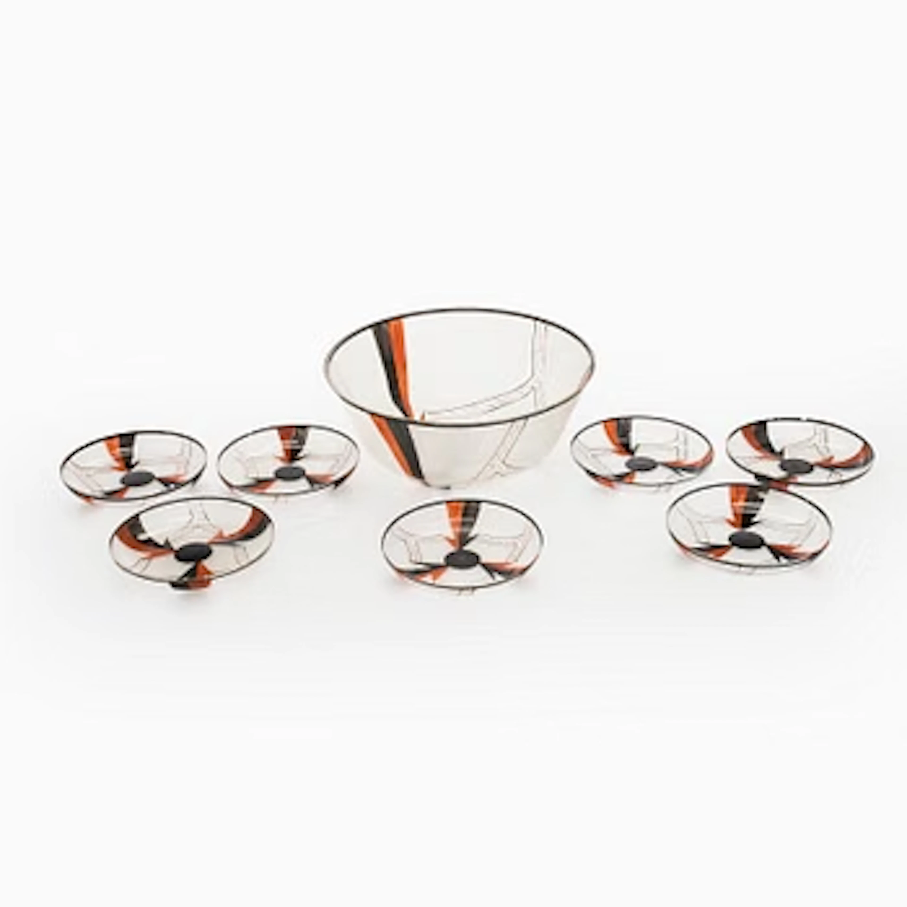 Bowl and 5 plates, glass, 1920s/1930s.