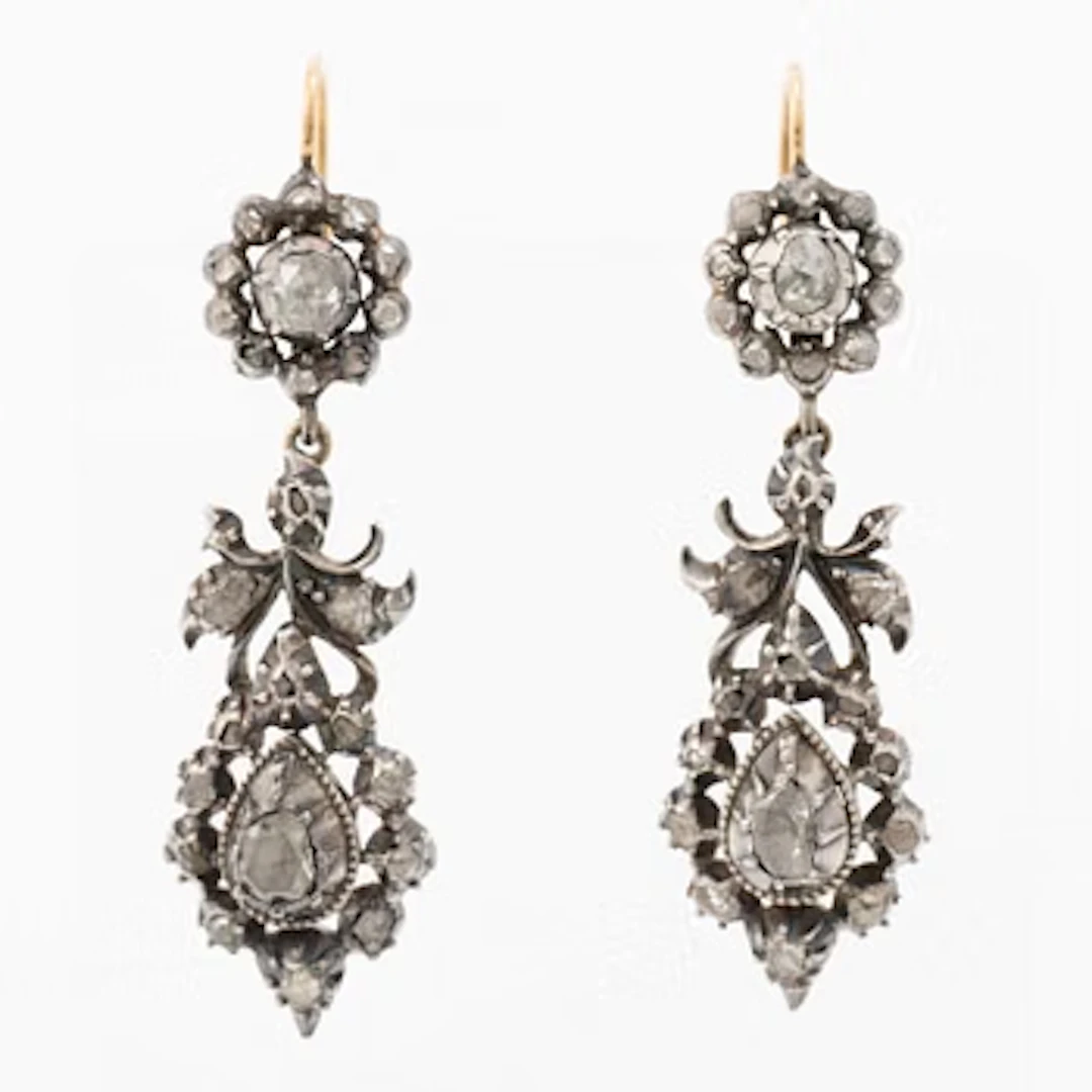 Earrings, a pair, silver and 18K gold with rose-cut diamonds.