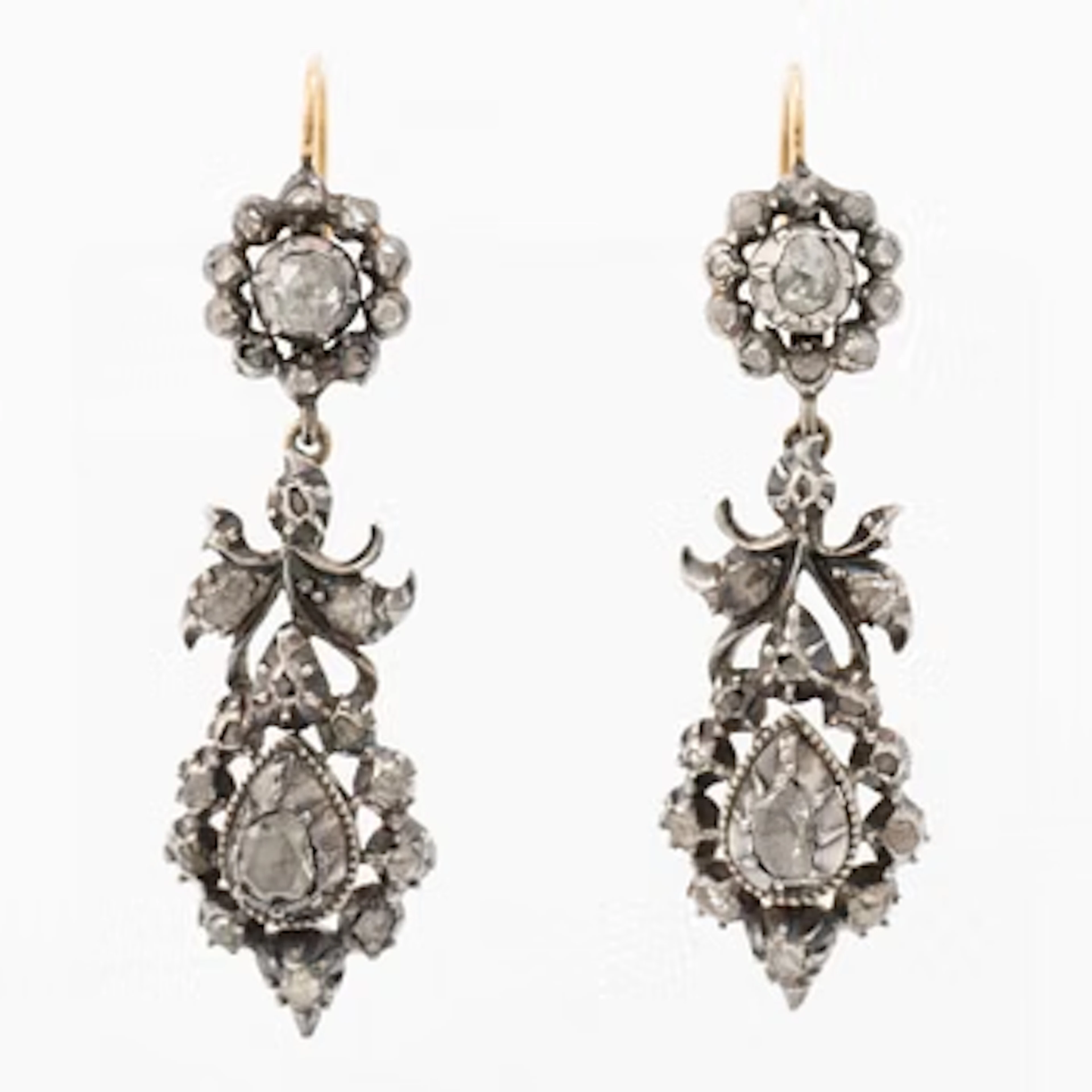 Earrings, a pair, silver and 18K gold with rose-cut diamonds.