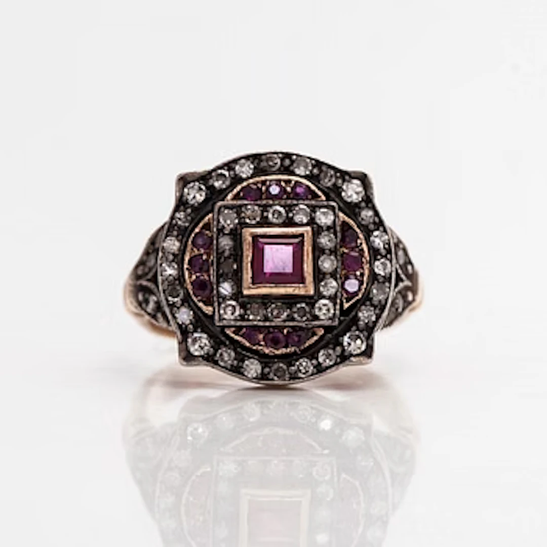 Ring, 8/8 cut diamonds, rubies, 14K (56) gold, silver.