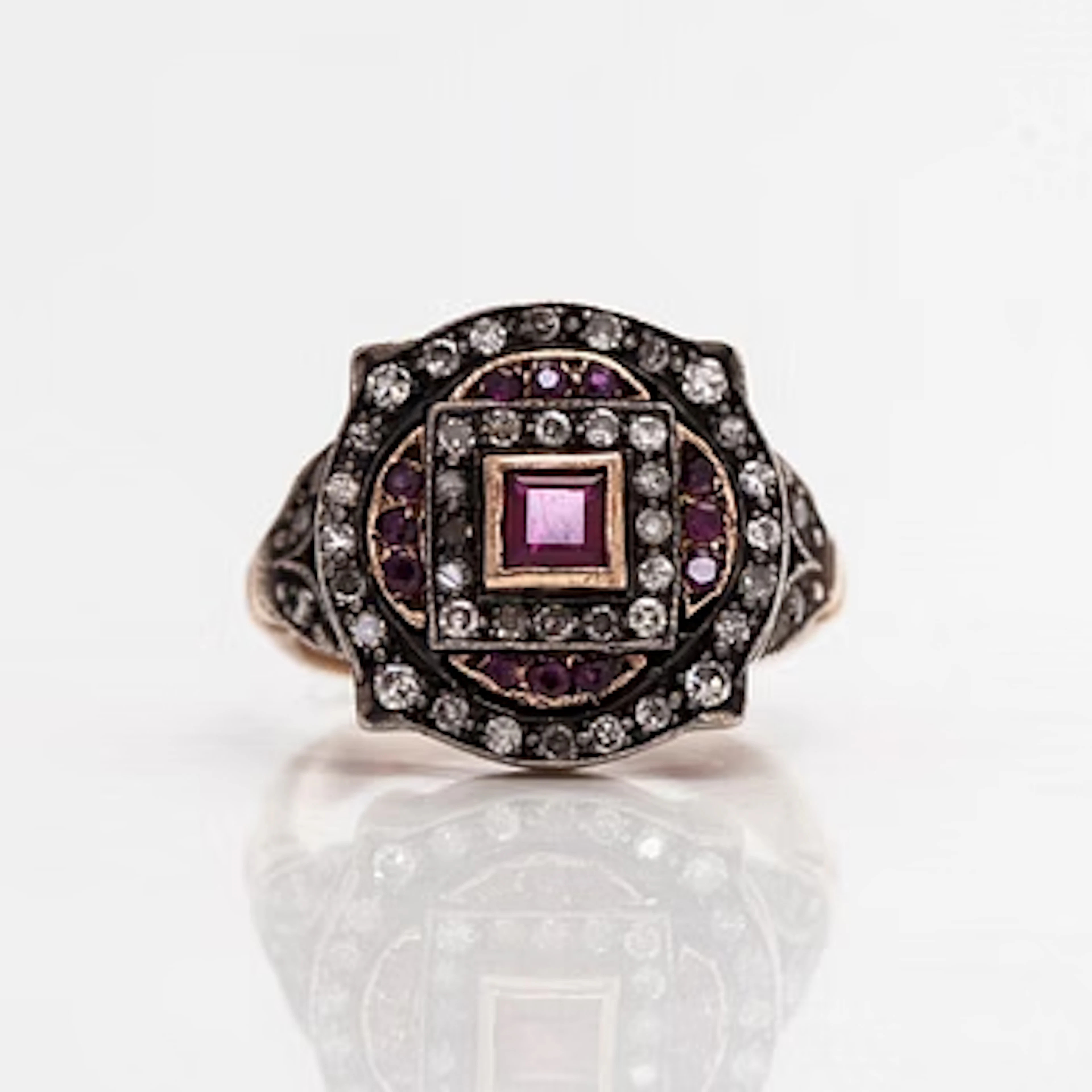 Ring, 8/8 cut diamonds, rubies, 14K (56) gold, silver.