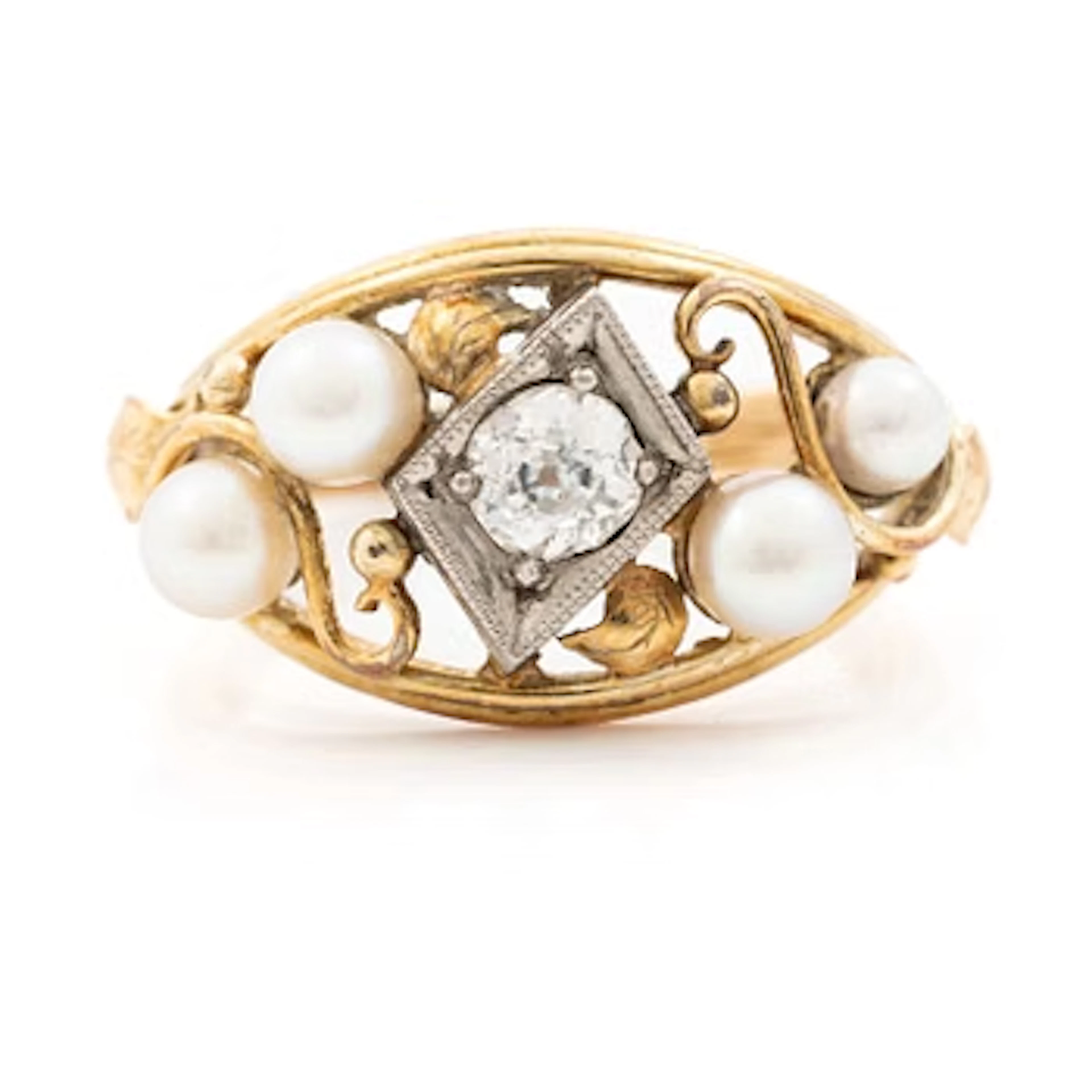 14K gold ring with an old-cut diamond and pearls.