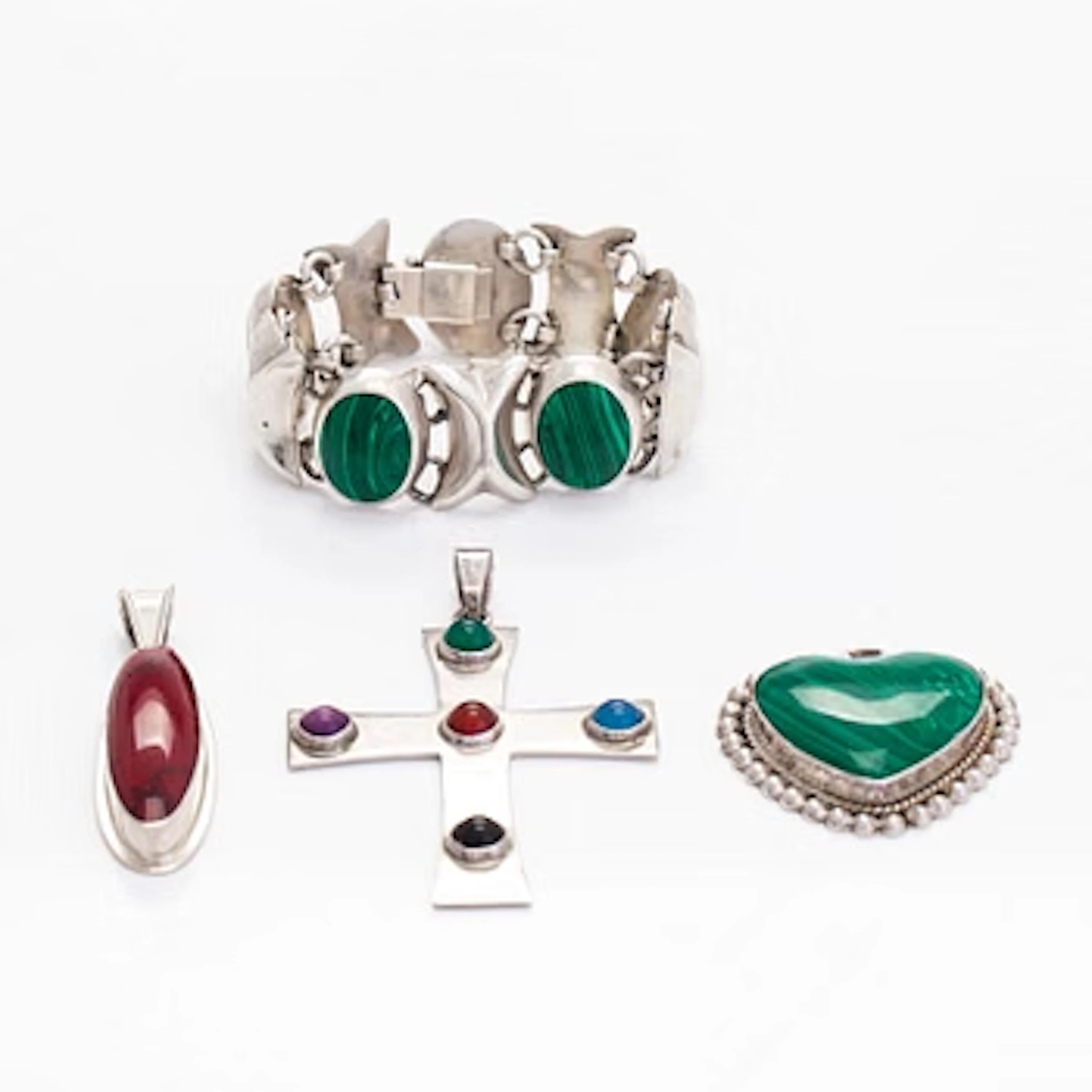 Jewellery set, 4 pieces, silver and imitation stones, Taxco, Mexico.