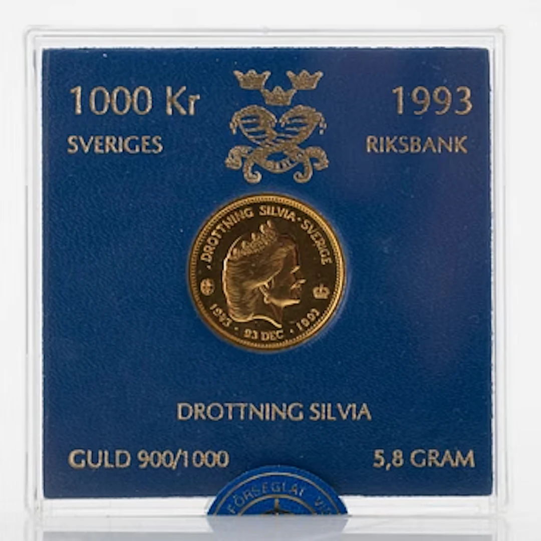 Gold coin, 21.6 carat, 1,000 kronor, Queen Silvia, Sweden, 1993. Weight