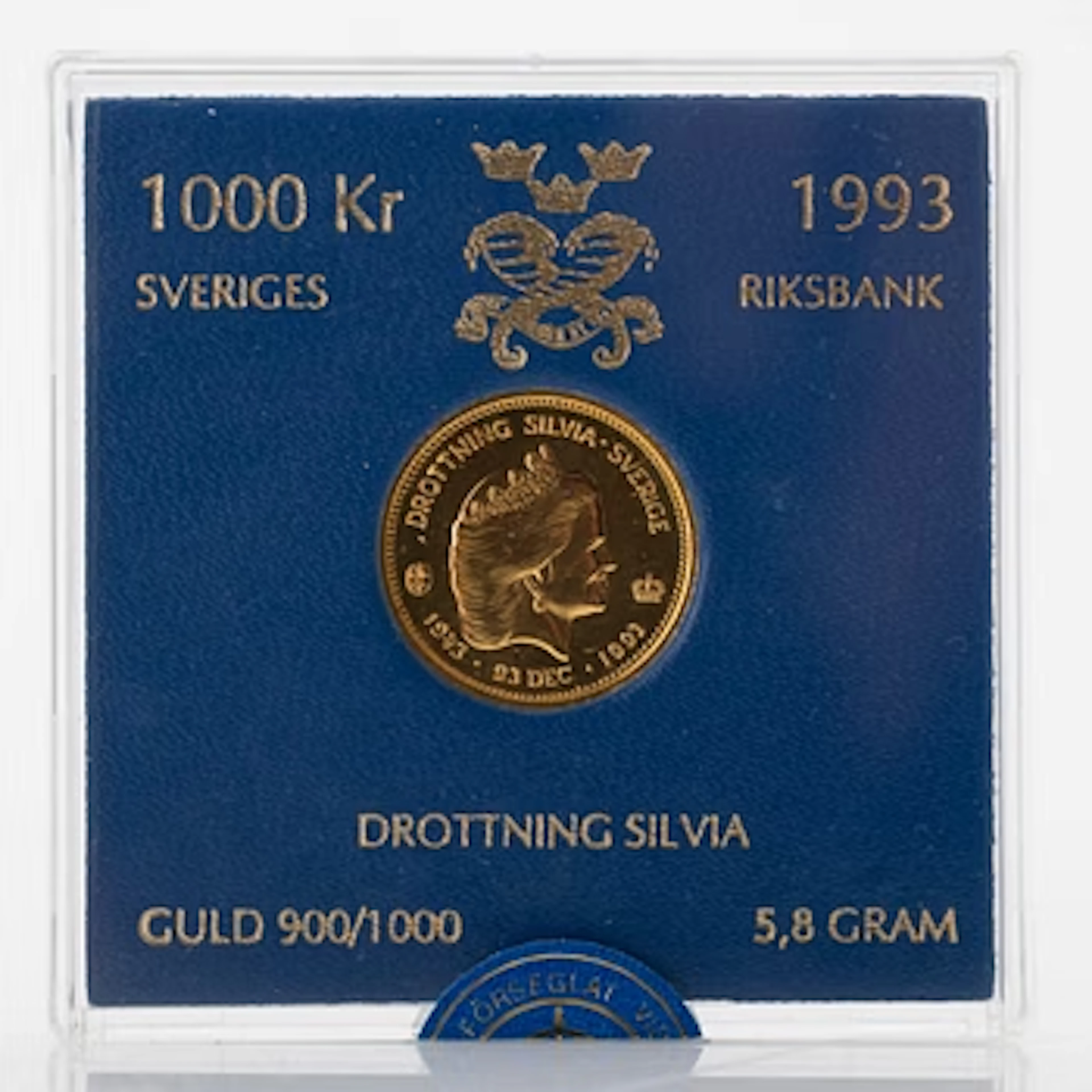 Gold coin, 21.6 carat, 1,000 kronor, Queen Silvia, Sweden, 1993. Weight