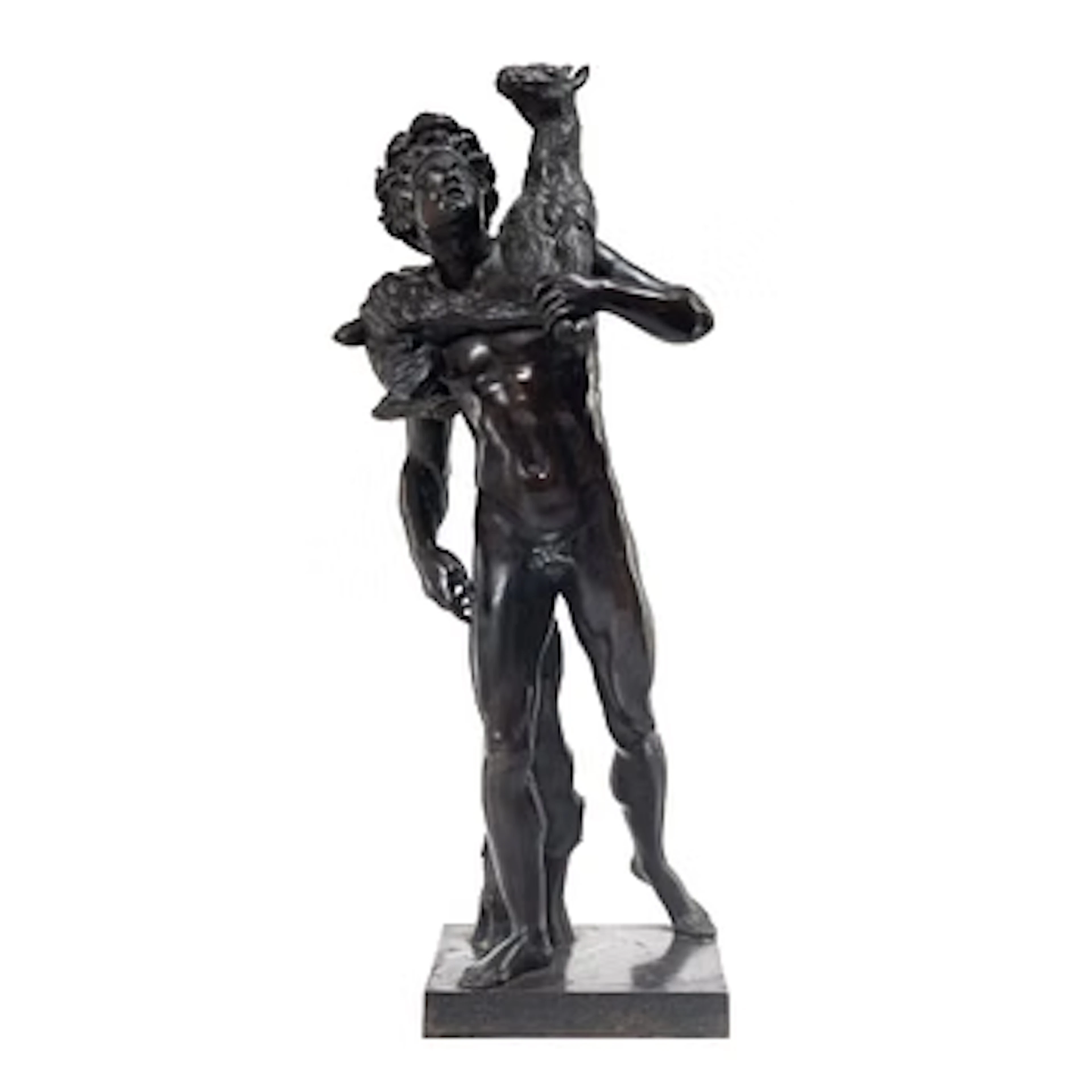 Sculpture, bronze. Faun with lamb. After a Roman model, 20th century.