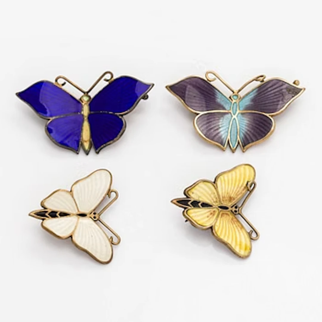 Brooches, butterflies, 4 pcs, enamel, gilded silver, Tillander 1948–52.