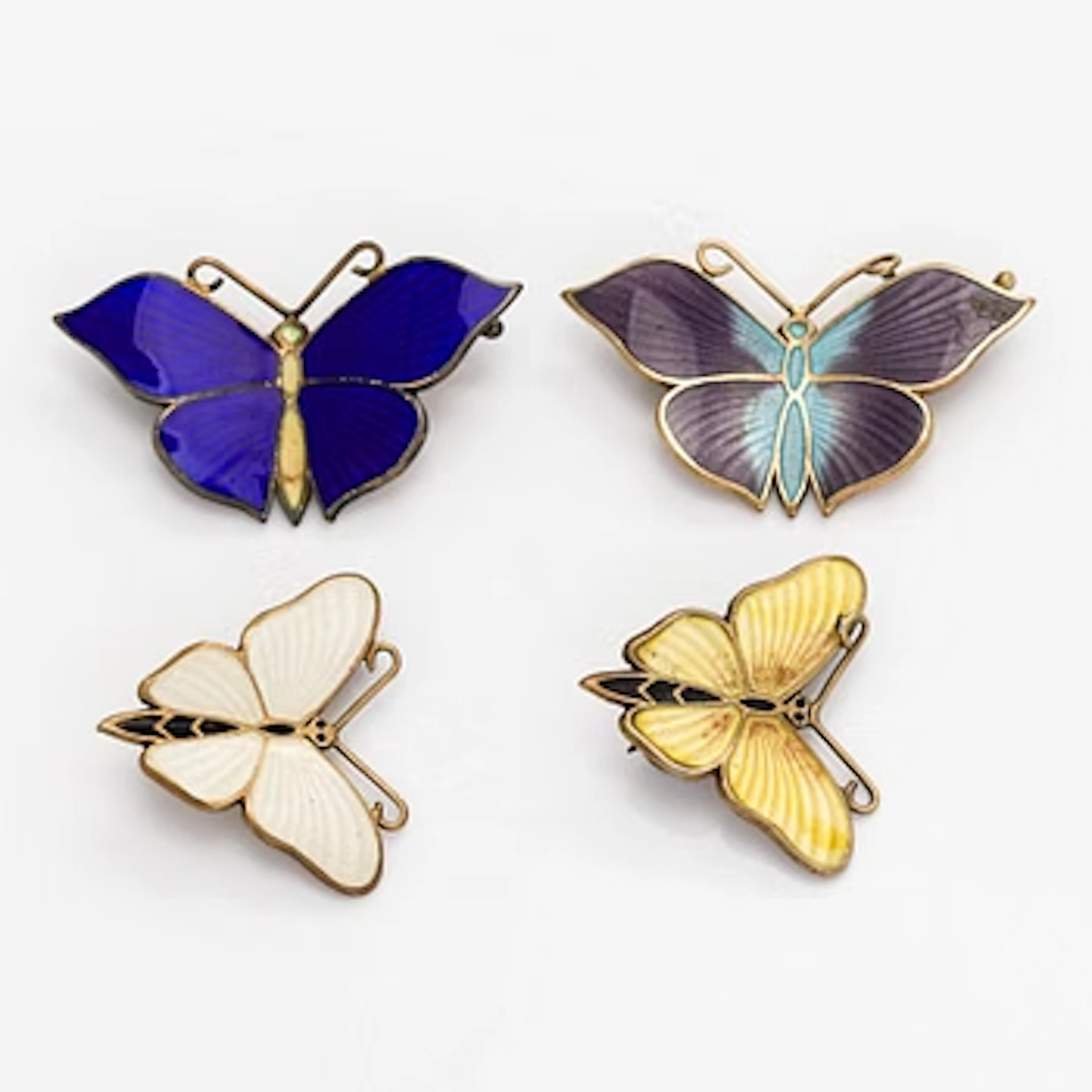 Brooches, butterflies, 4 pcs, enamel, gilded silver, Tillander 1948–52.