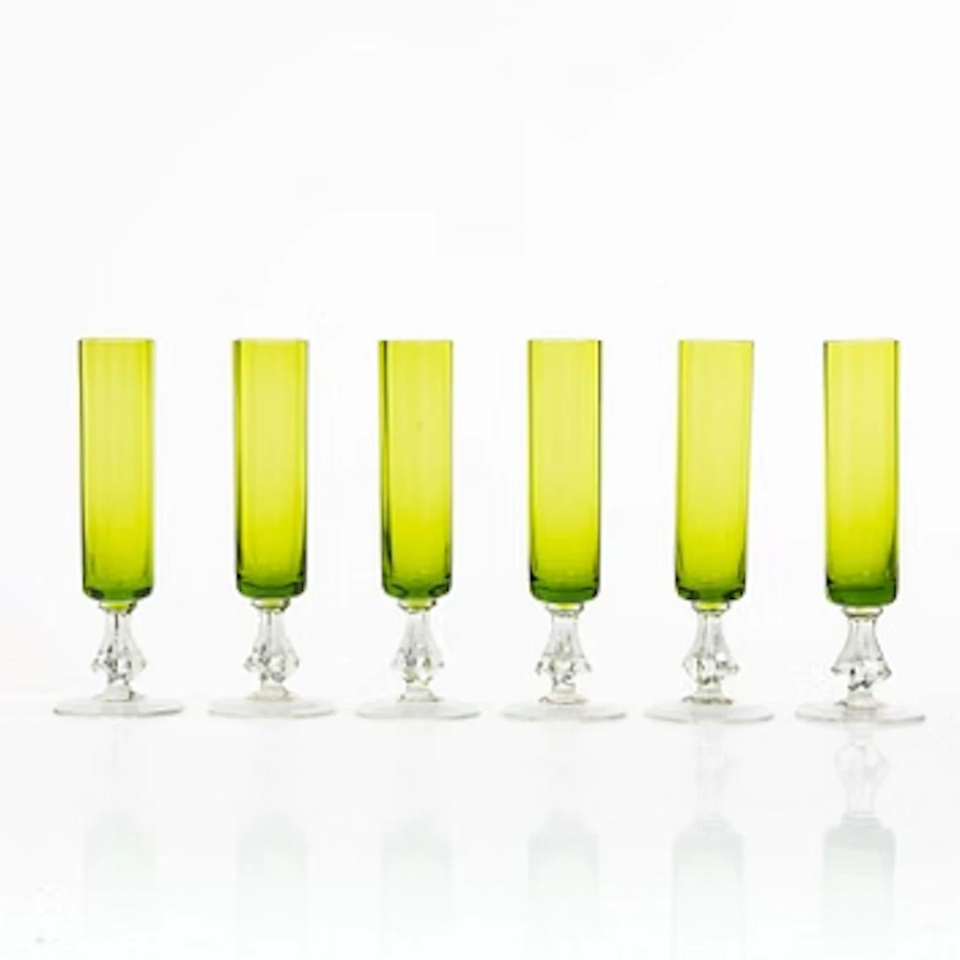 A set of six champagne flutes.