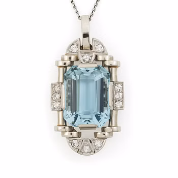 A pendant 14K gold with a faceted aquamarine and eight-cut diamonds. Art Déco.