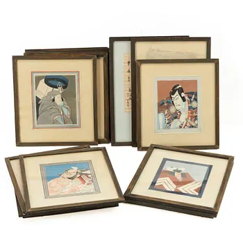 A group of 19 Japanese woodblock prints, with two album pages, Japan