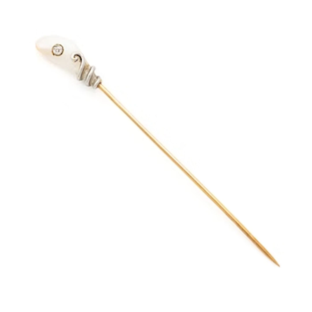 Pin, 14K gold with pearl and rose-cut diamond.