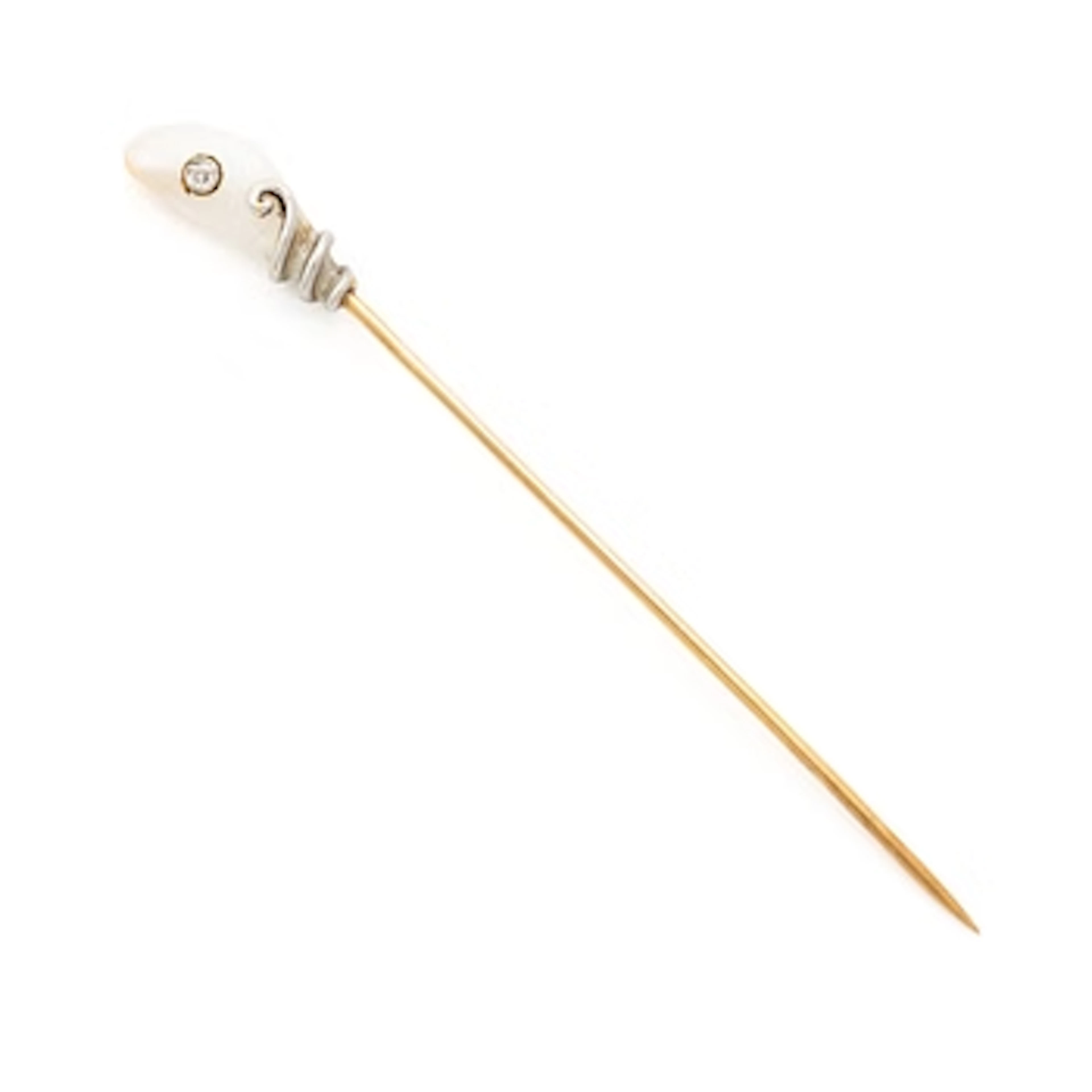 Pin, 14K gold with pearl and rose-cut diamond.