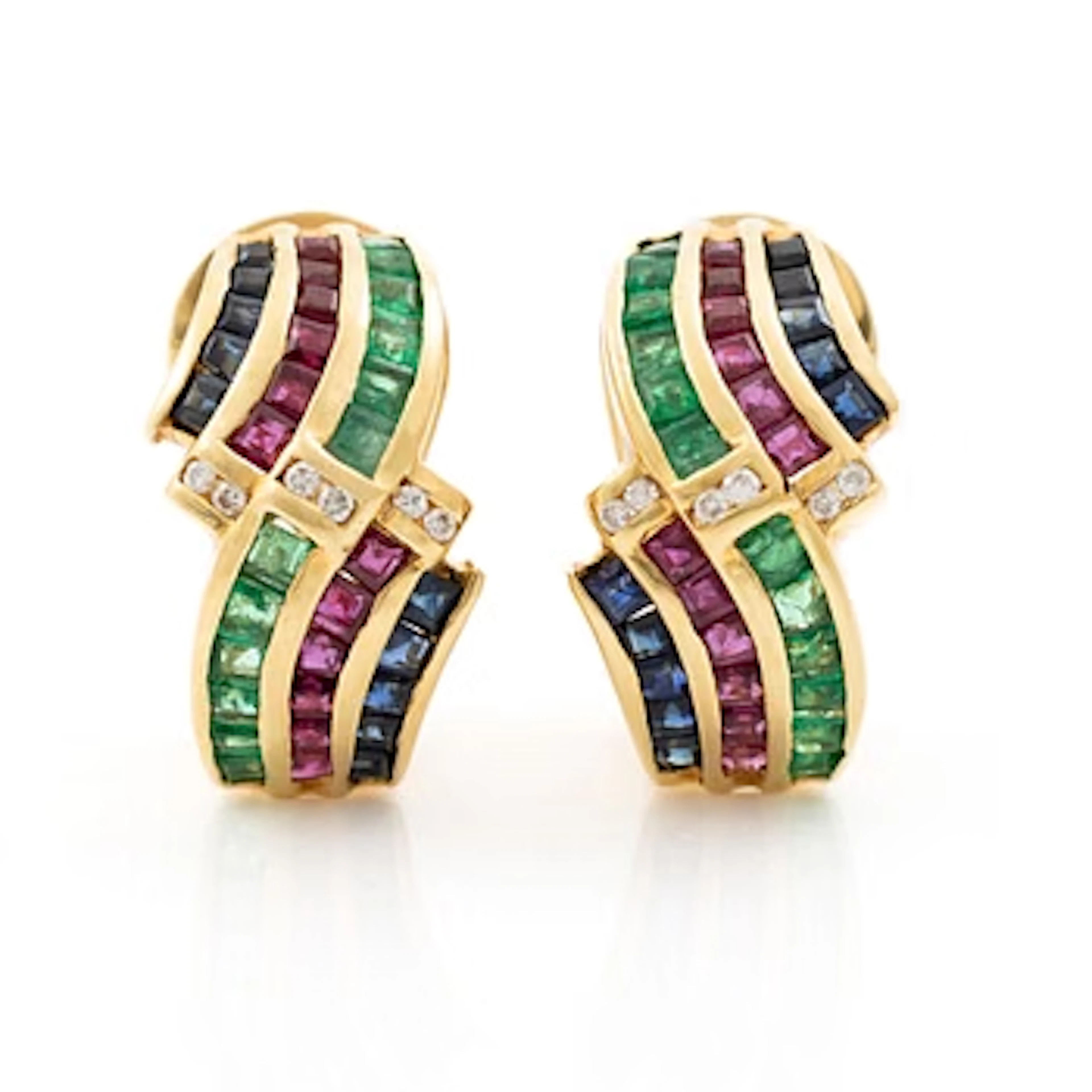 Earrings, a pair, 18K gold set with brilliant-cut diamonds, emeralds