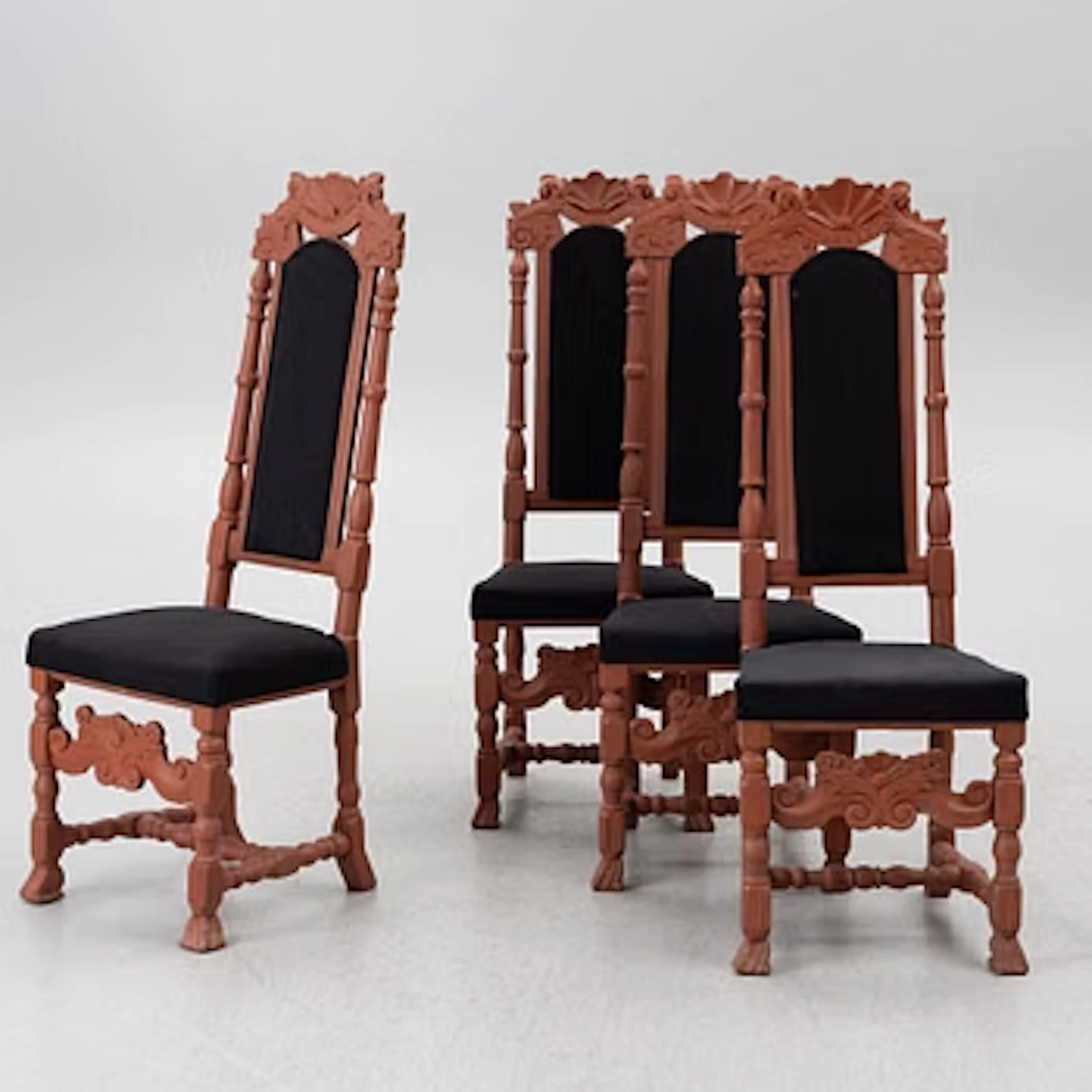 Chairs, four pieces, Sweden, circa 1700, Carolingian Baroque.