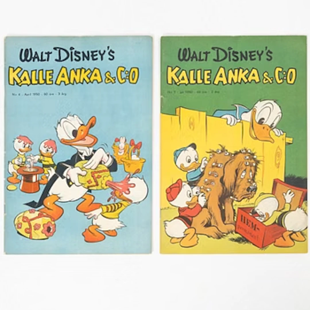 Comic books, “Kalle Anka & Co” No. 7, 1950, and “Kalle Anka & Co” No. 4, 1950.