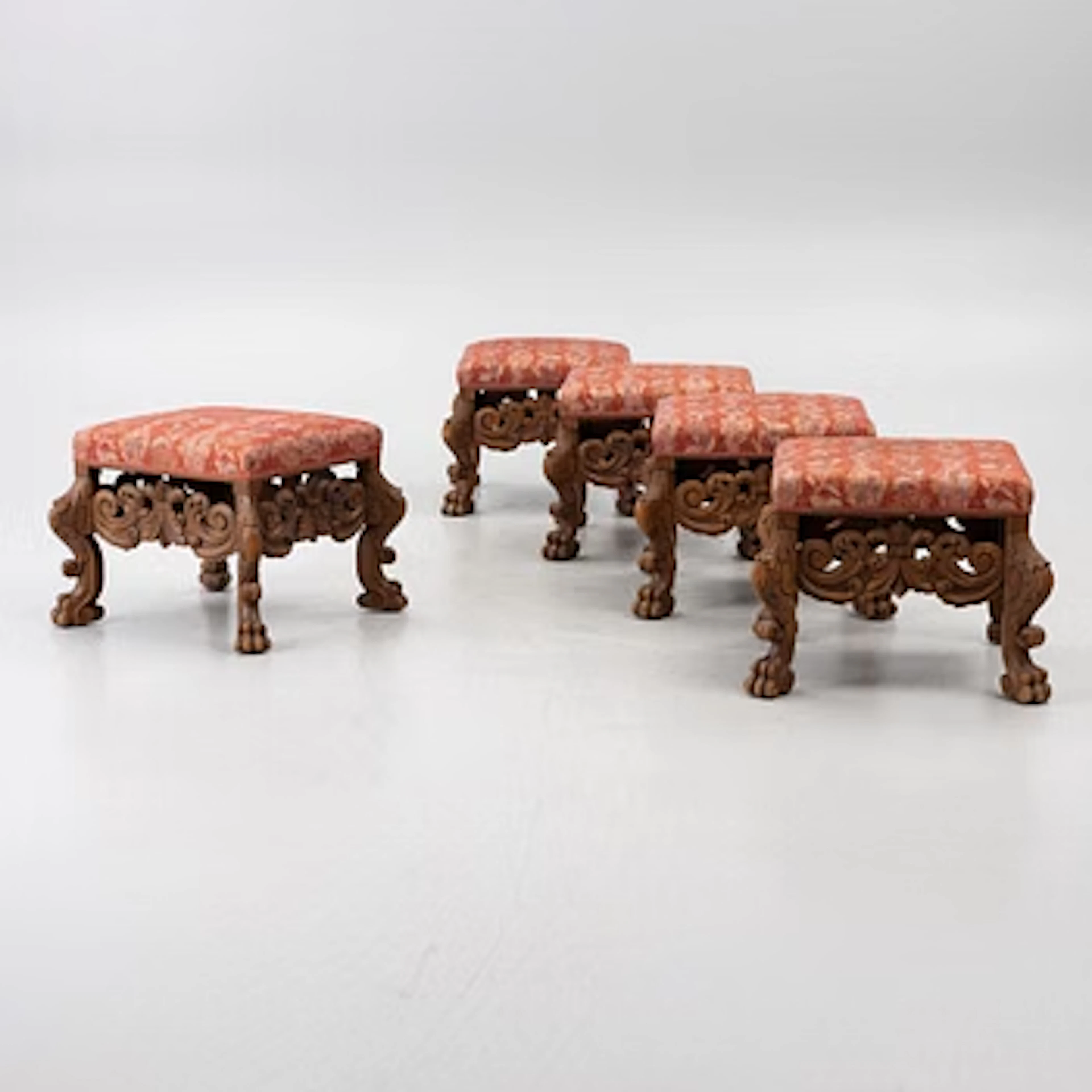 Five Baroque style stools, circa 1900.