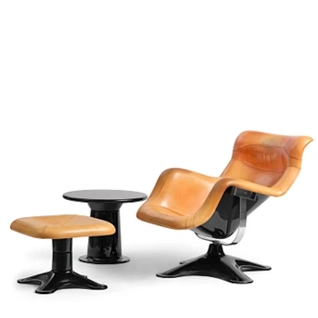 Yrjö Kukkapuro, a “Karuselli” armchair with footstool and side table
