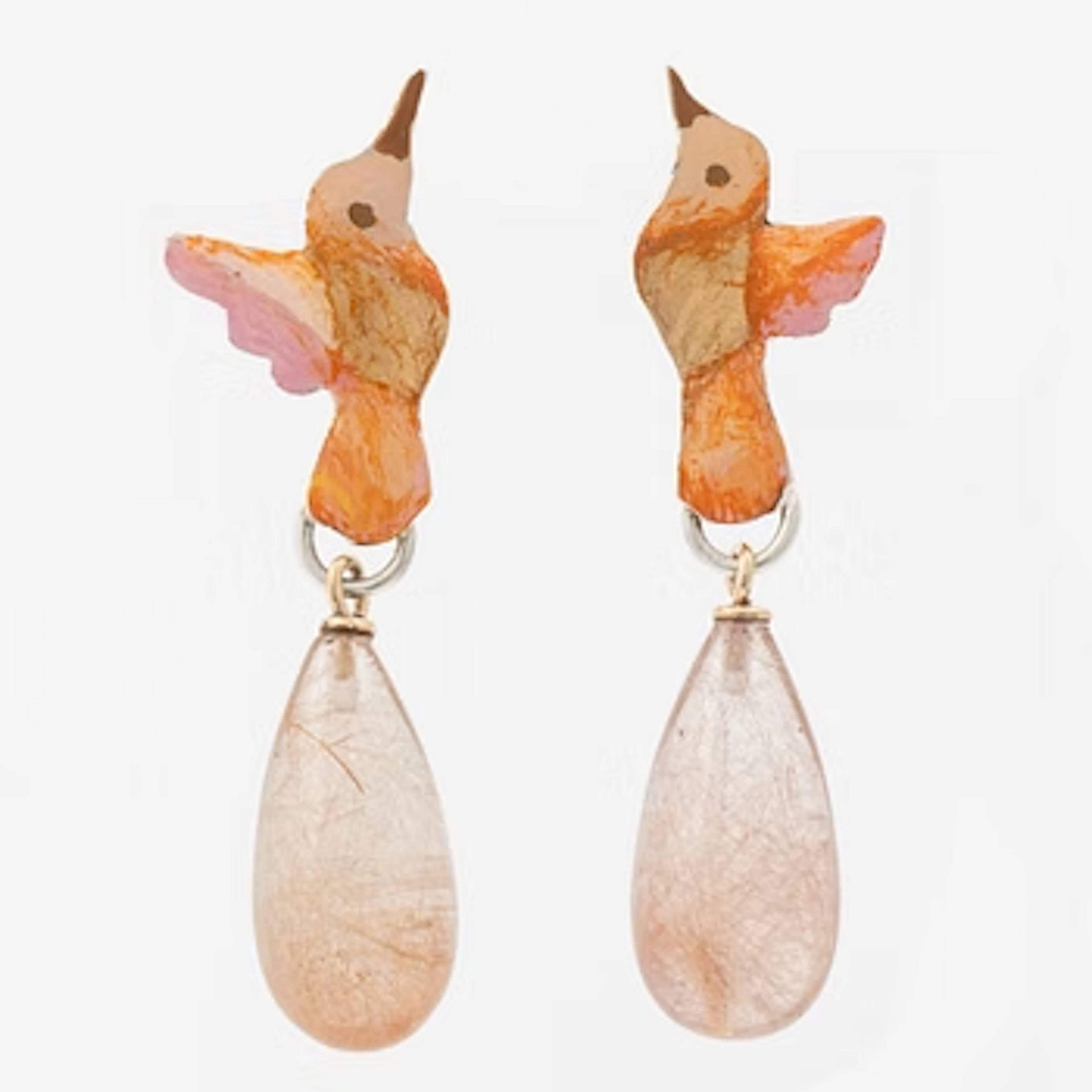 Mandelstam earrings in the shape of hummingbirds with enamel and rutilated