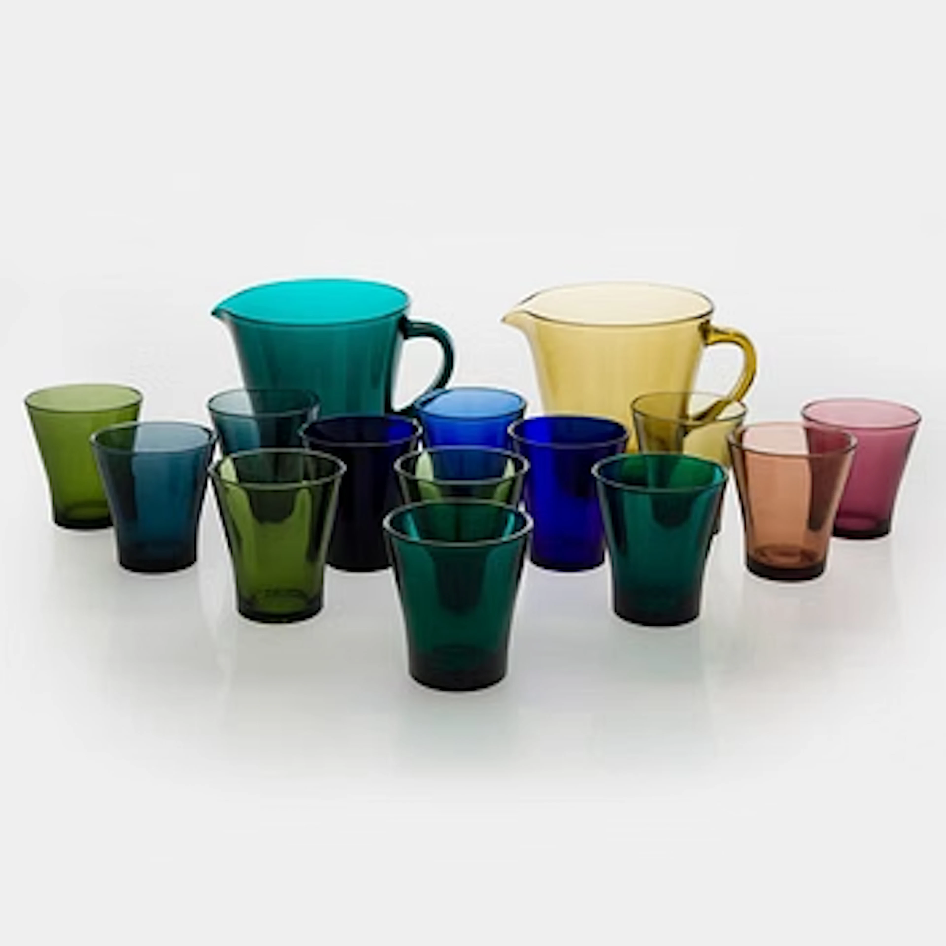 Drinking glasses, 13 pcs, and two jugs, Riihimäen Lasi Oy, 1950s.