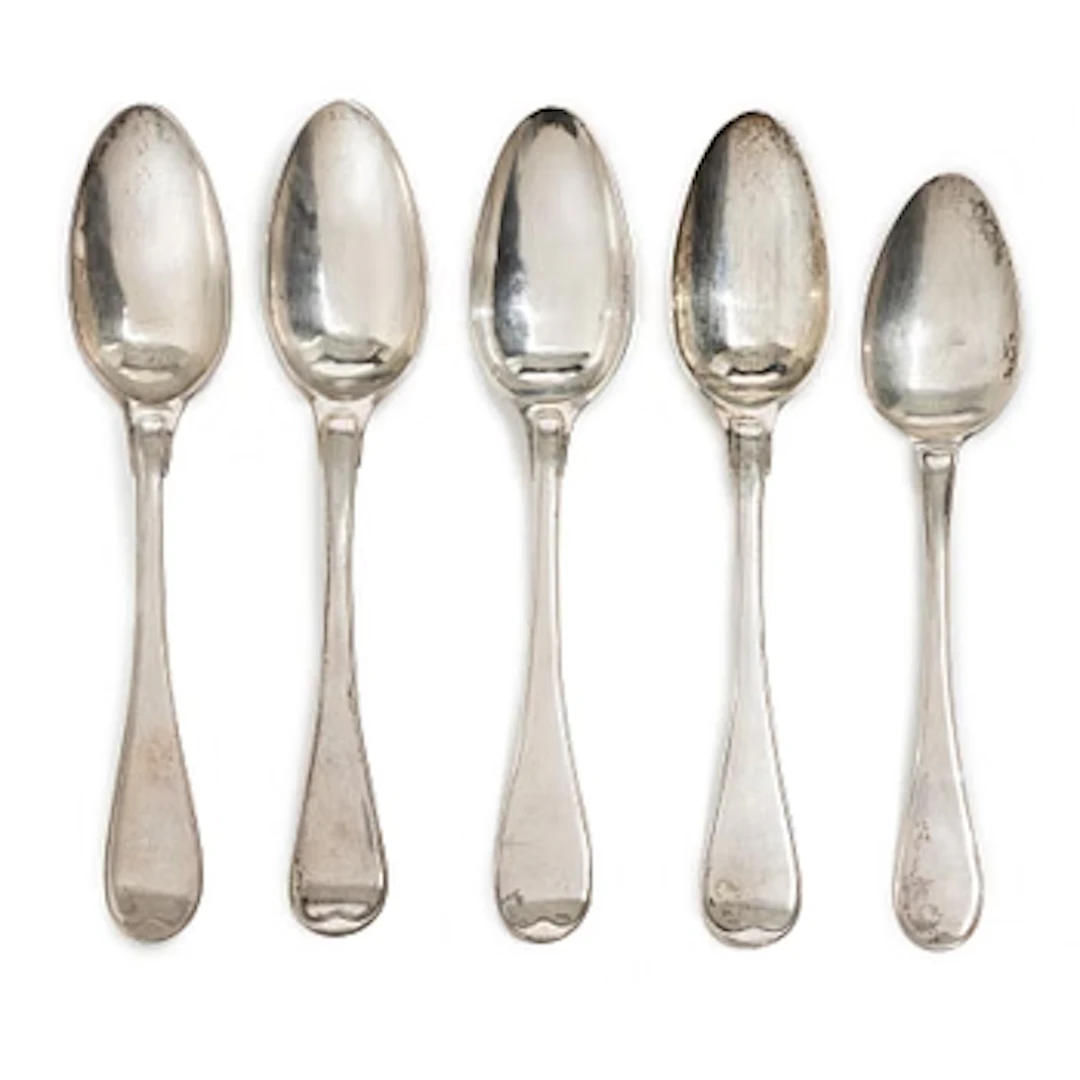 Five Swedish silver tablespoons, Stockholm, 1800–1825.