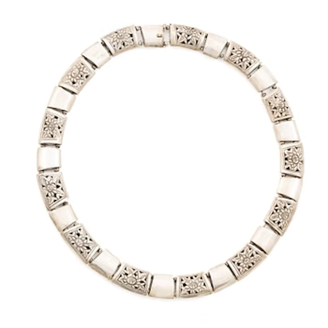 Silver necklace.