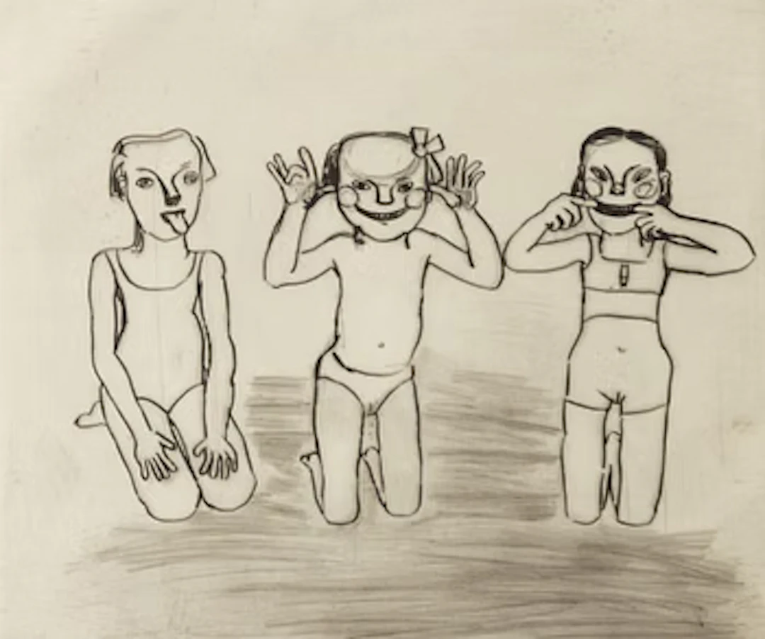 Lena Cronqvist, "Tre grimaser, tunga, öron, mun".