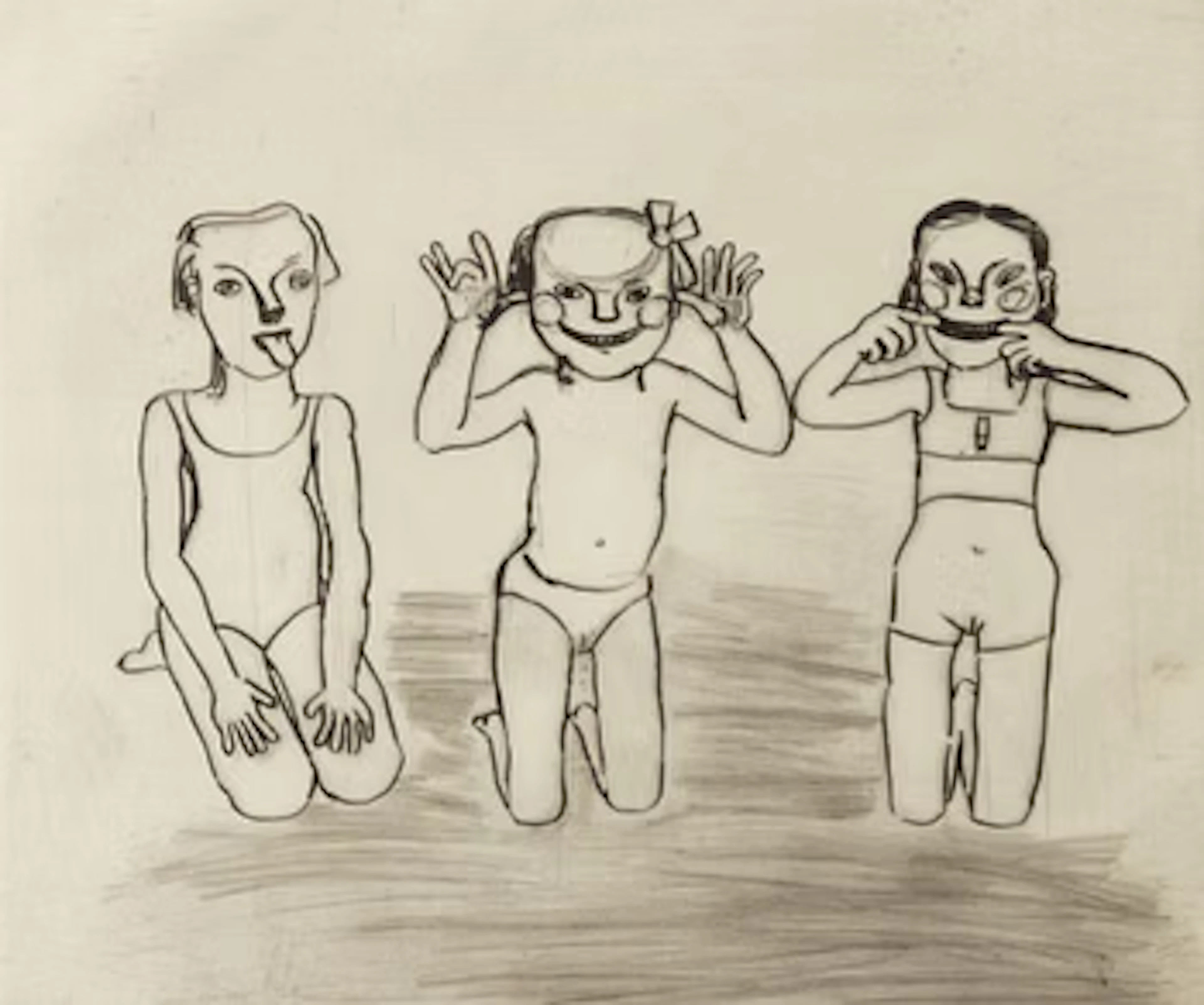 Lena Cronqvist, "Tre grimaser, tunga, öron, mun".