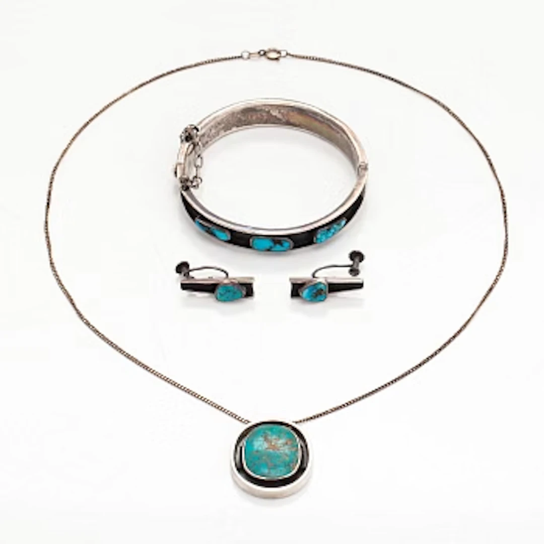 Bracelet, pendant and earrings, silver, turquoise, Tillander, Helsinki, 1950s.