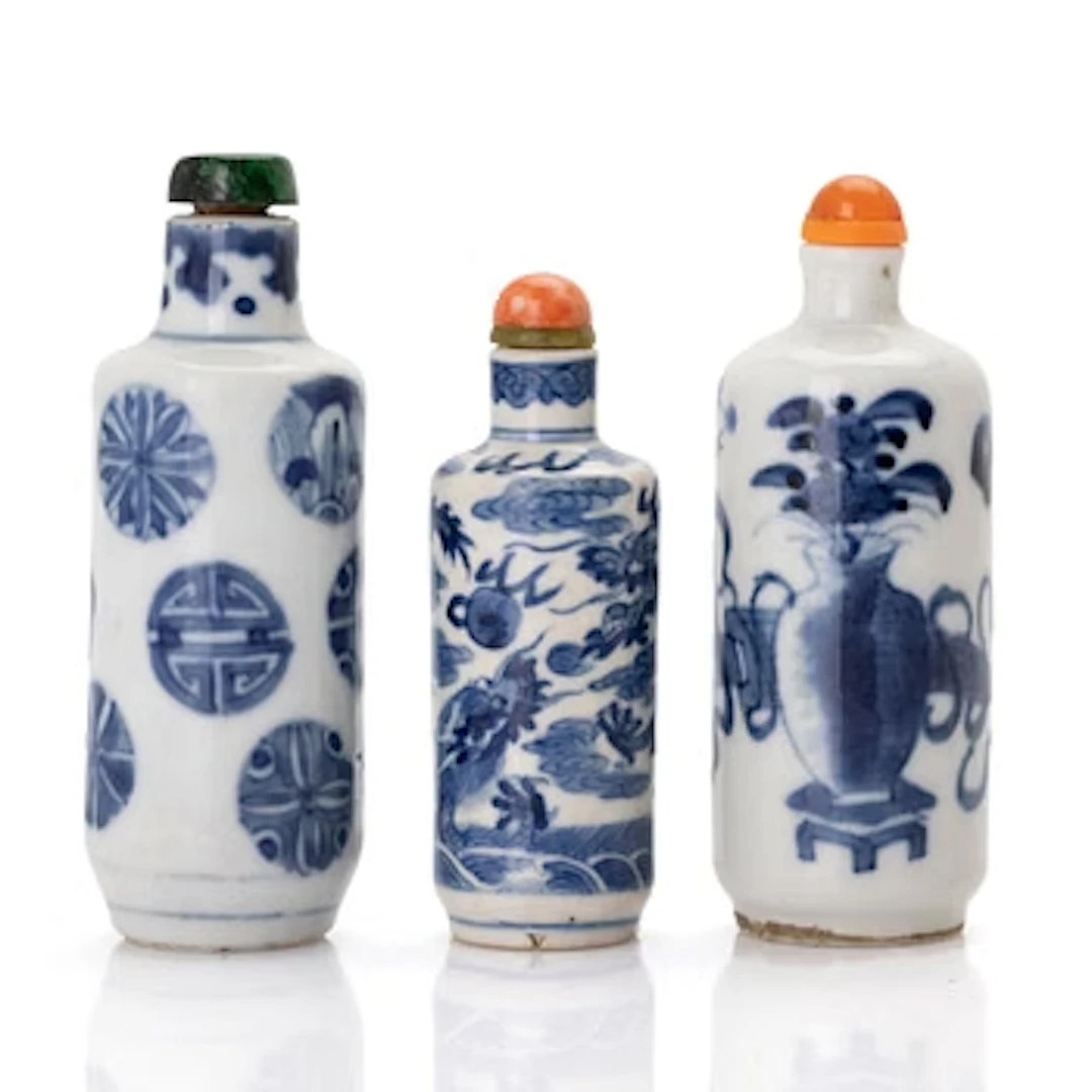 Snuff bottles, 3, porcelain, China, early 20th century.