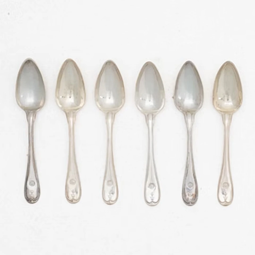 A set of six Swedish silver table spoons, mark of Gustaf Hamnqvist, Åmål 1810.