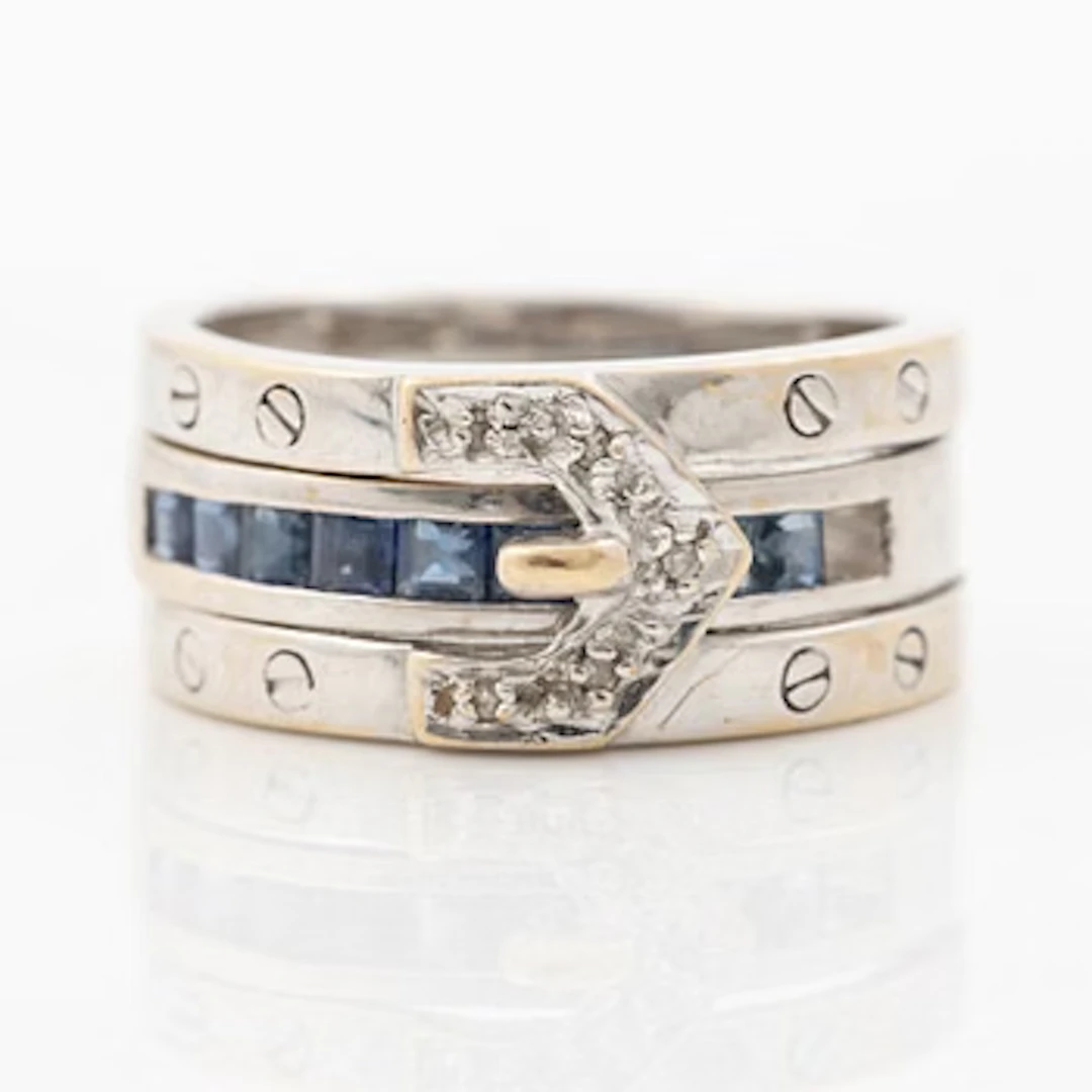 Ring, two-part, 14K white gold with sapphires and small diamonds.