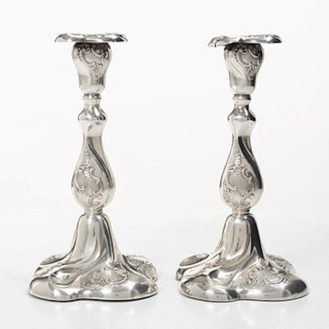 Candlesticks, a pair, silver, Rococo style, Thorvald Marthinsen Sølvvarefabrik