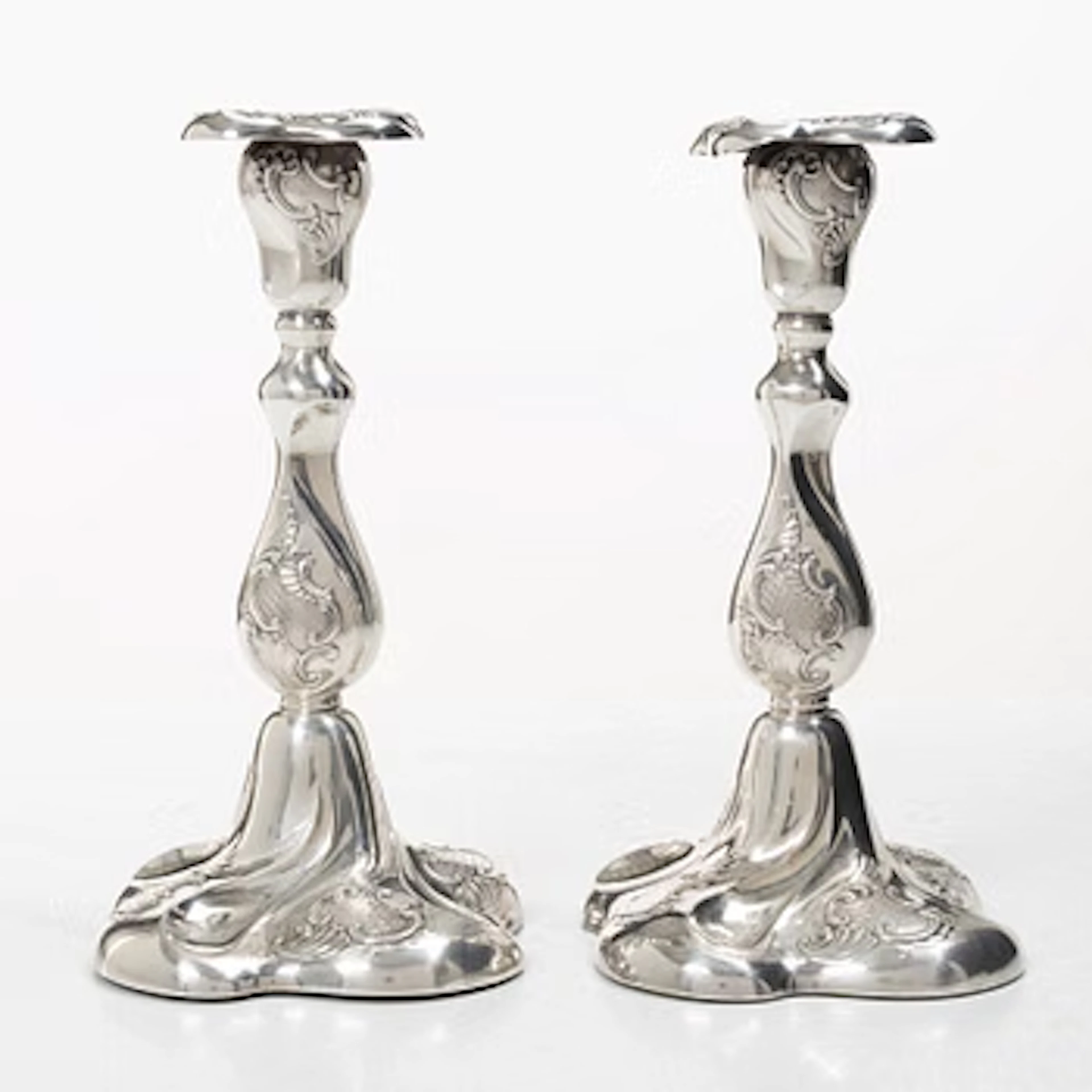 Candlesticks, a pair, silver, Rococo style, Thorvald Marthinsen Sølvvarefabrik